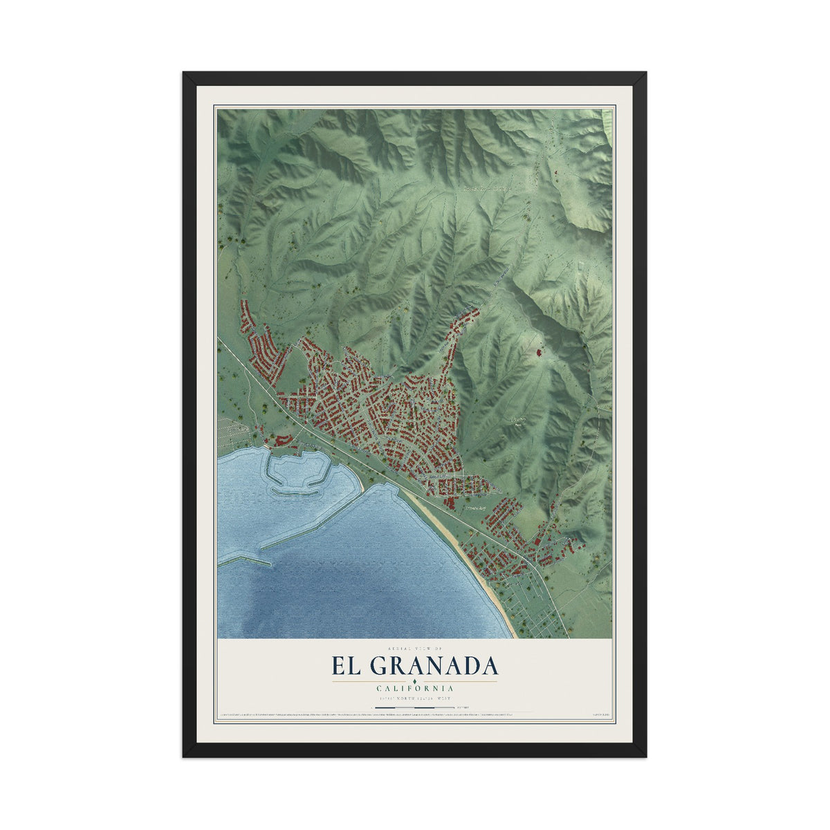 Map of El Granada, California, 12 x 18 inch print in a black wood frame