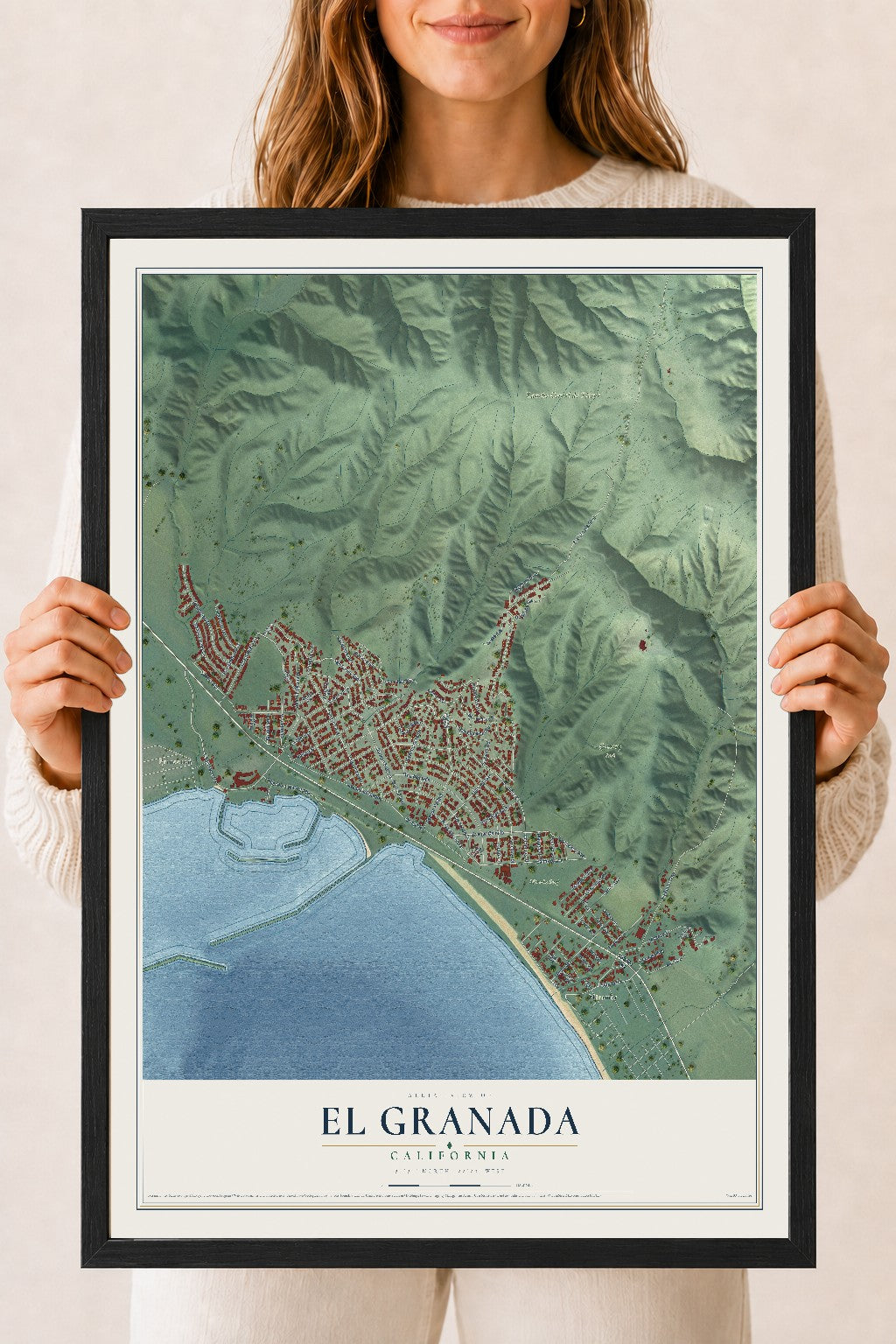 Map of El Granada, California, 18 x 24 inch print in a black wood frame