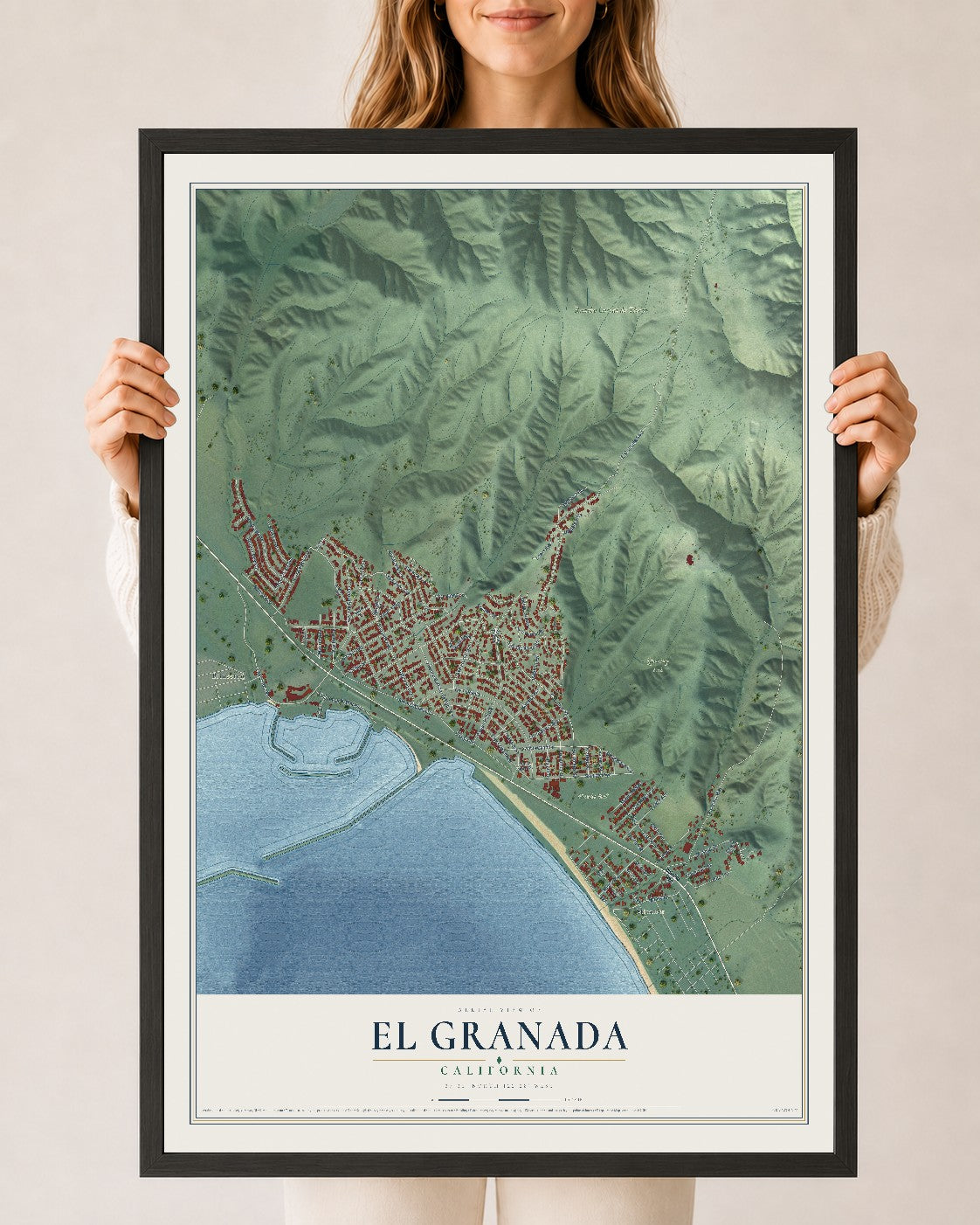 Map of El Granada, California, 24 x 36 inch print in a black wood frame