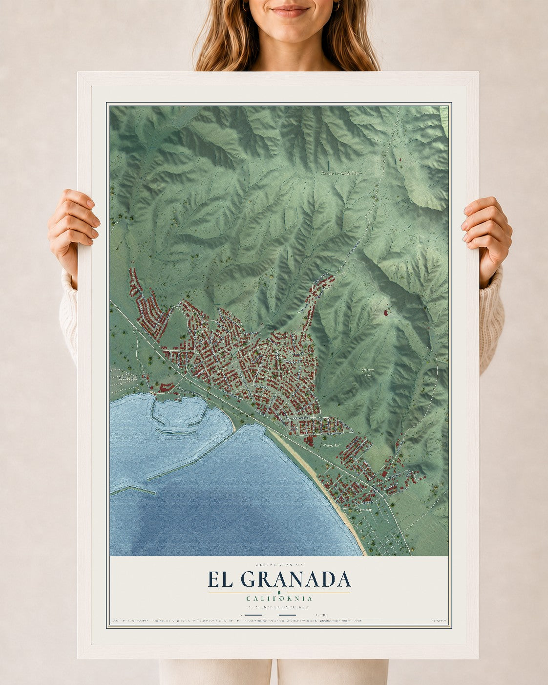 Map of El Granada, California, 24 x 36 inch print in a white wood frame
