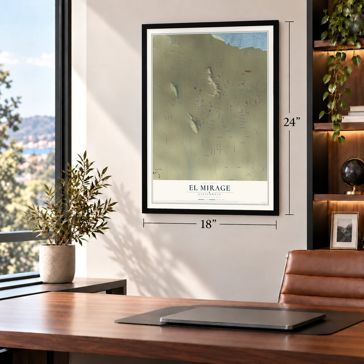 El Mirage, California map, 18 x 24 inch print in a black frame in a home office