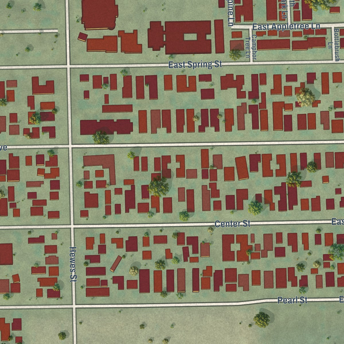 Close-up of the map of El Modena, California print showing street and building detail