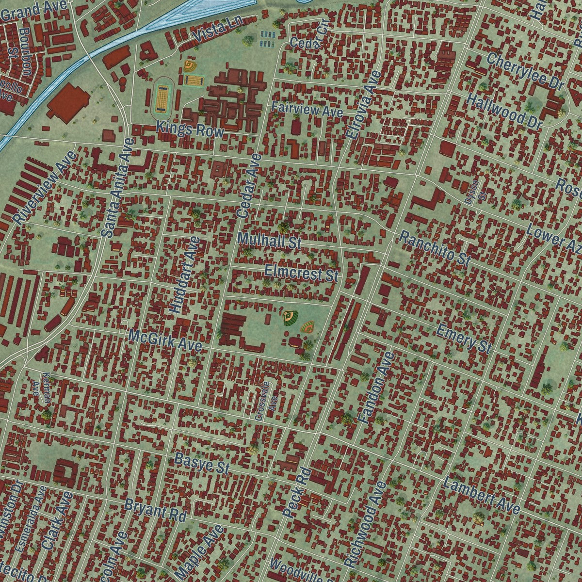 Close-up of the map of El Monte, California print showing street and building detail