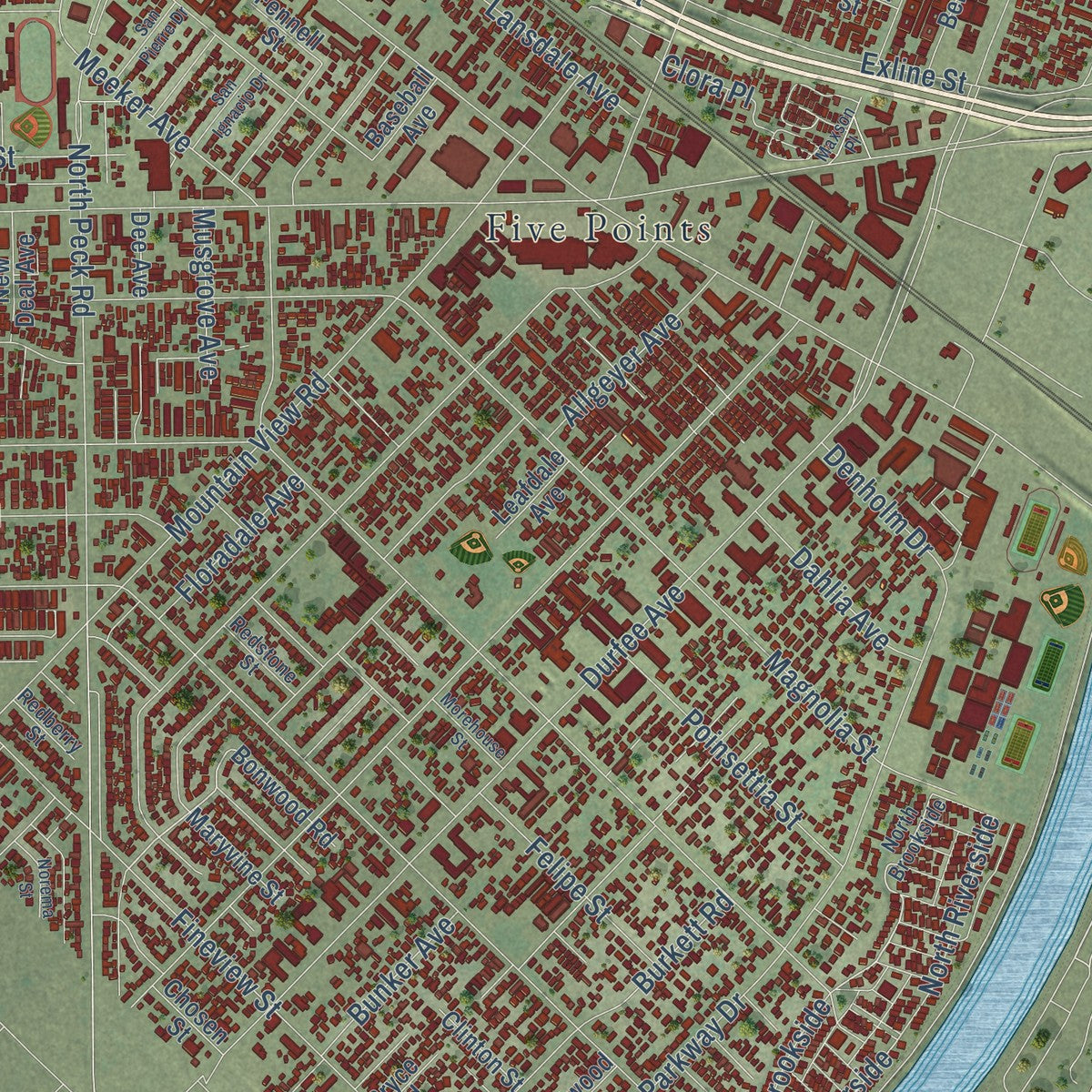 Second close-up of the map of El Monte, California print showing more streets and buildings