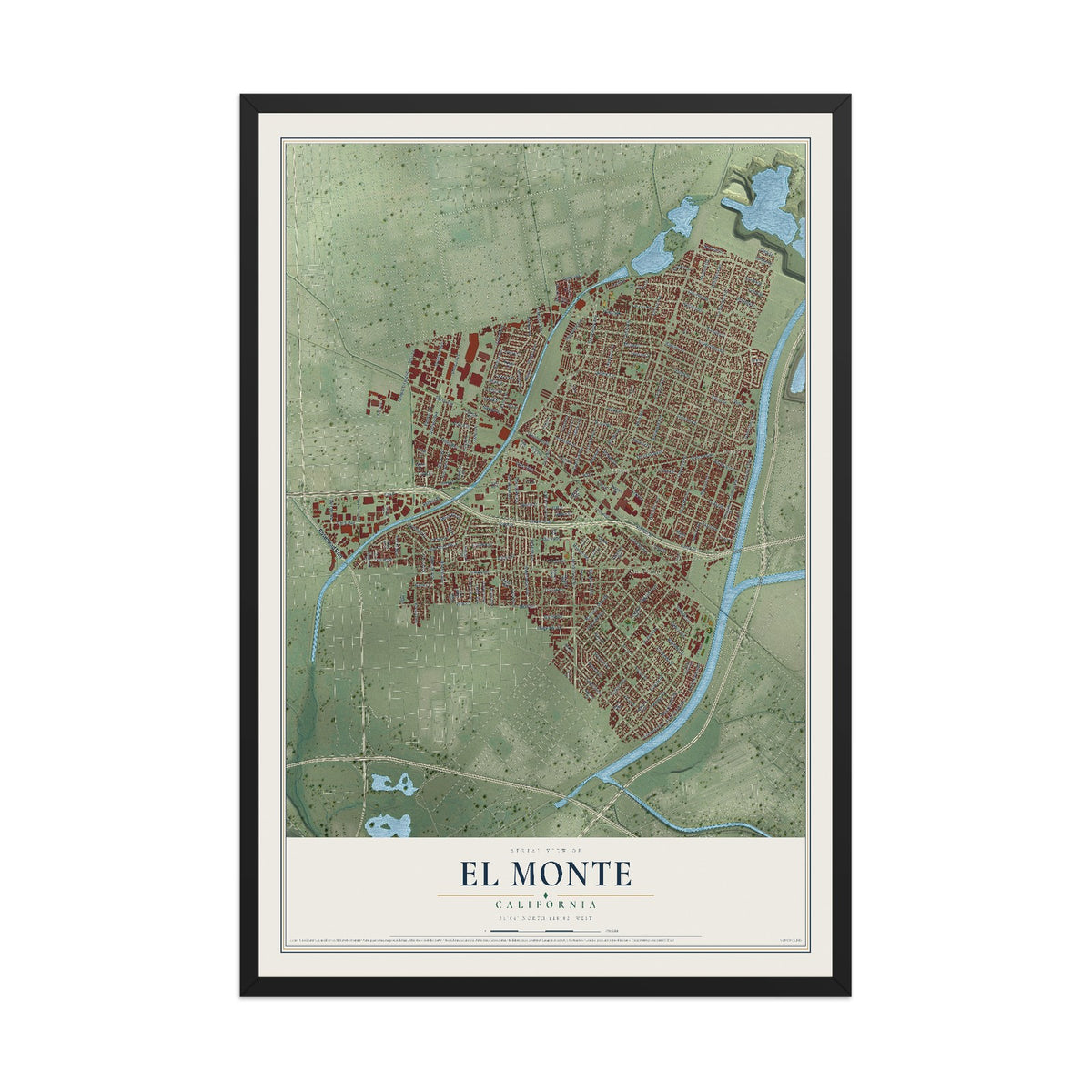 Map of El Monte, California, 12 x 18 inch print in a black wood frame