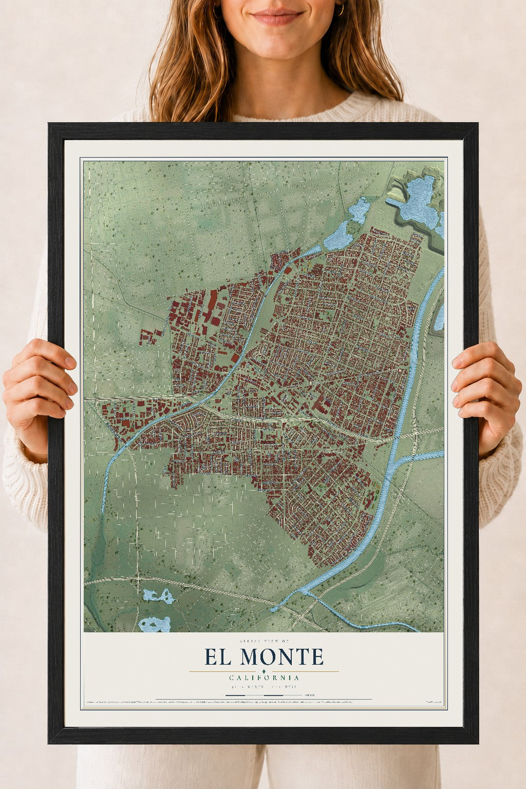 Map of El Monte, California, 18 x 24 inch print in a black wood frame