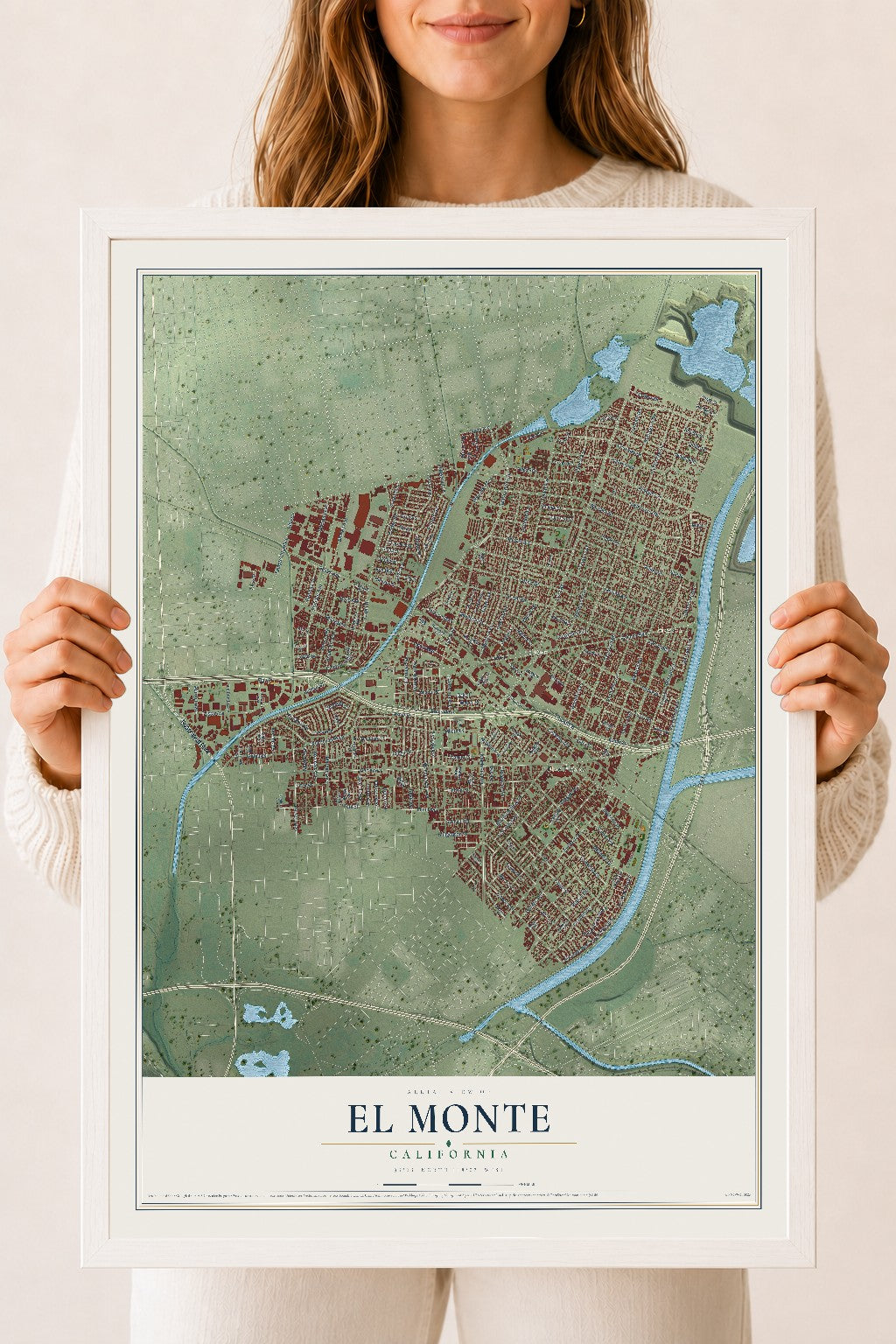 Map of El Monte, California, 18 x 24 inch print in a white wood frame
