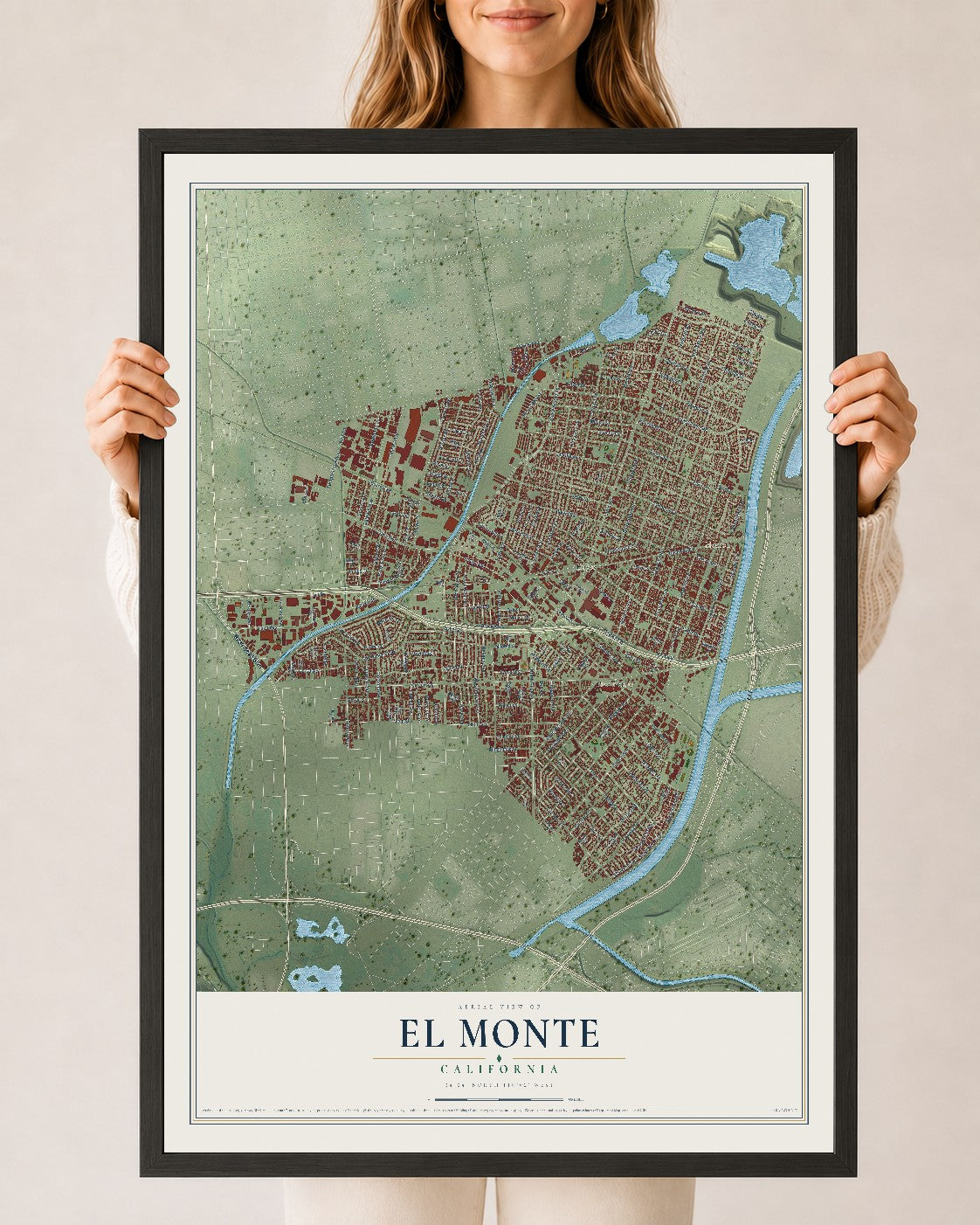 Map of El Monte, California, 24 x 36 inch print in a black wood frame