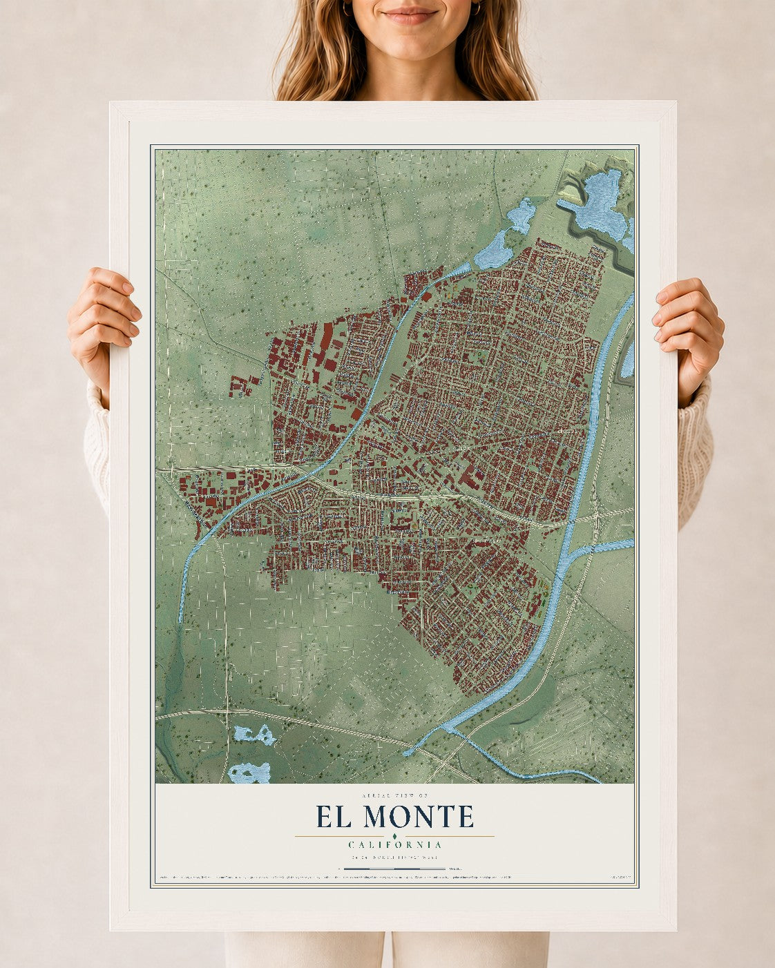Map of El Monte, California, 24 x 36 inch print in a white wood frame