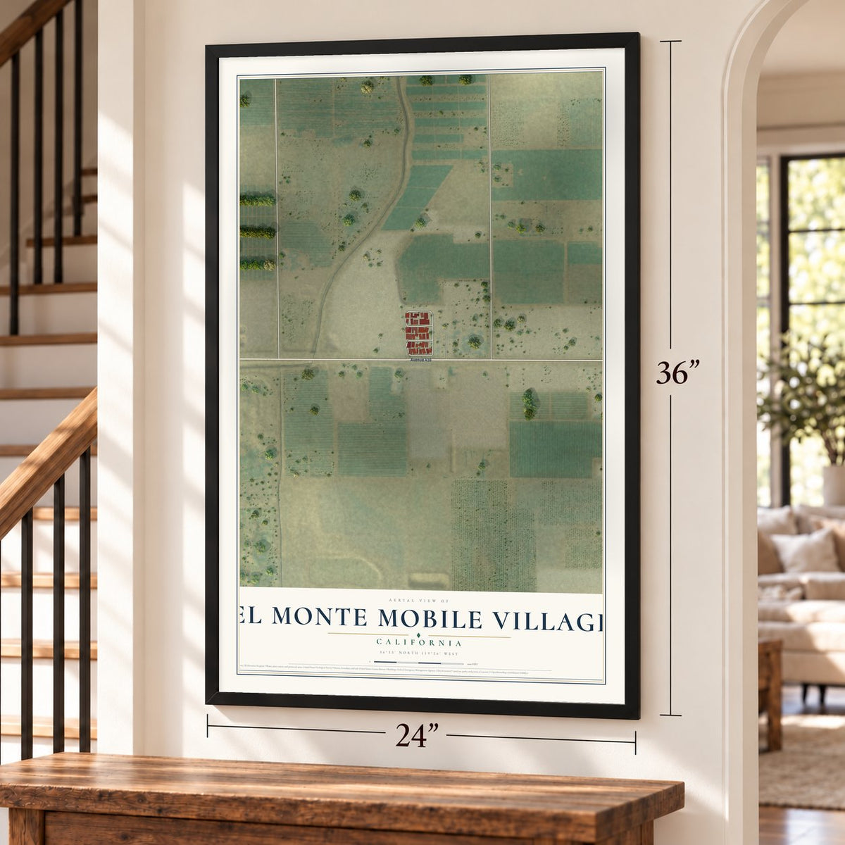 El Monte Mobile Village, California map, 24 x 36 inch print in a black frame by a staircase