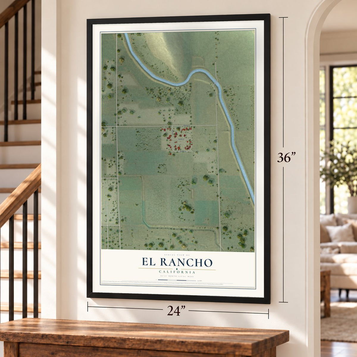 El Rancho, California map, 24 x 36 inch print in a black frame by a staircase