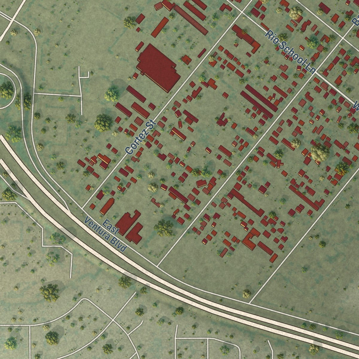Second close-up of the map of El Rio, California print showing more streets and buildings
