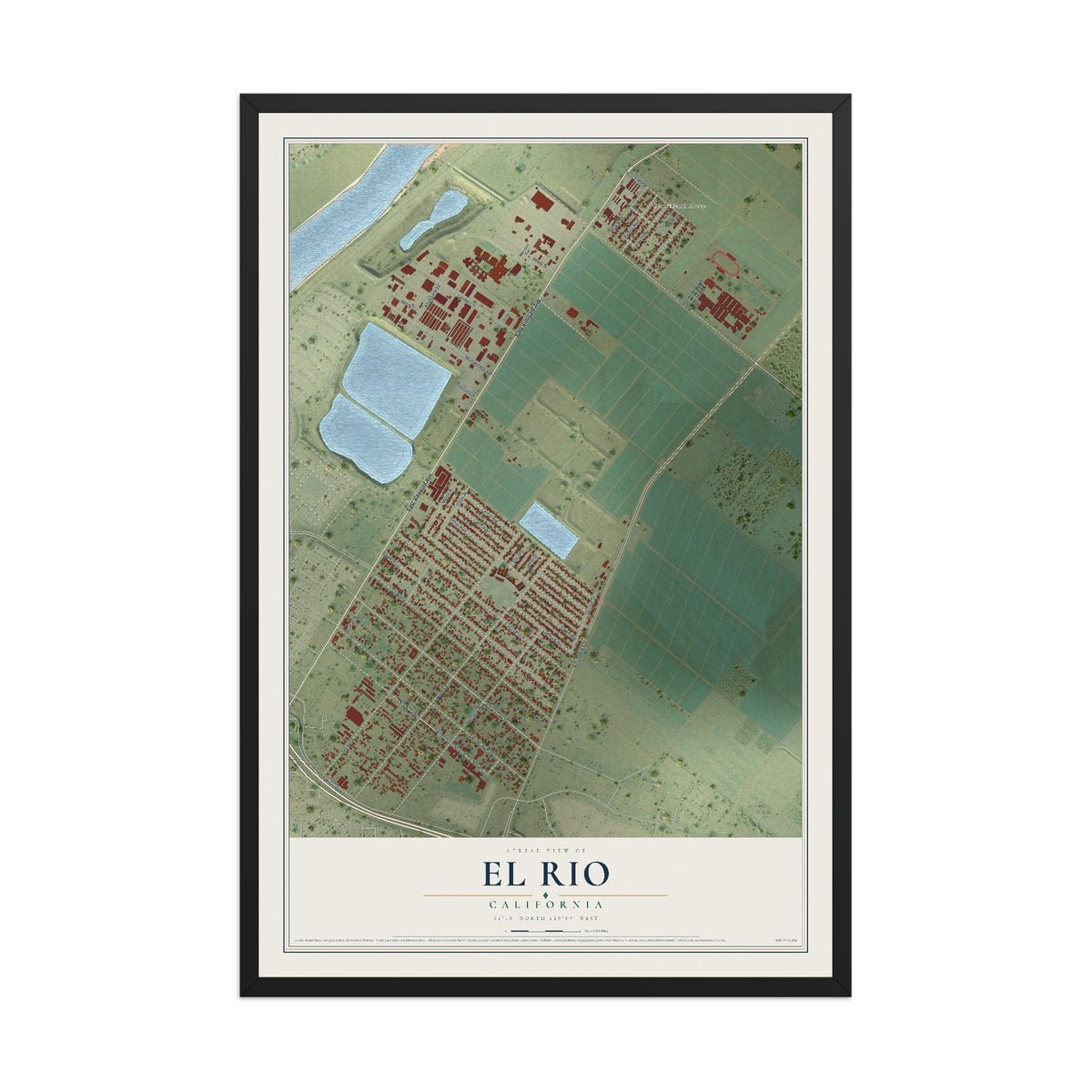 Map of El Rio, California, 12 x 18 inch print in a black wood frame