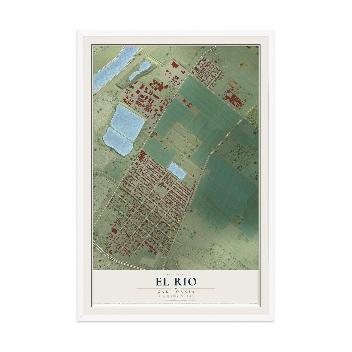 Map of El Rio, California, 12 x 18 inch print in a white wood frame