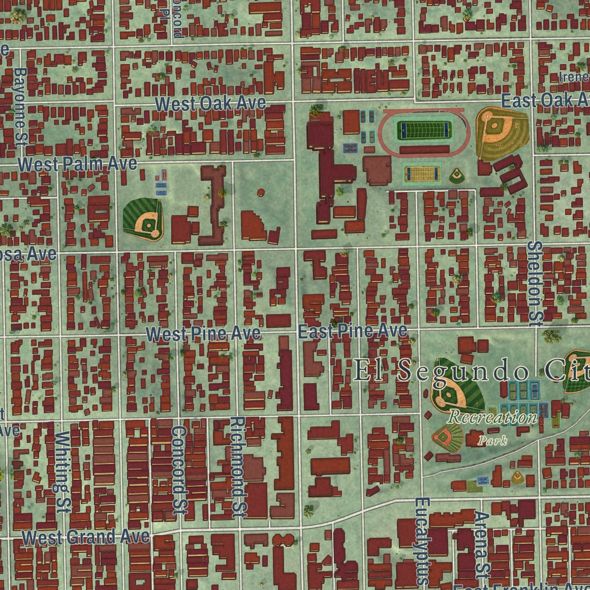 Close-up of the map of El Segundo, California print showing street and building detail