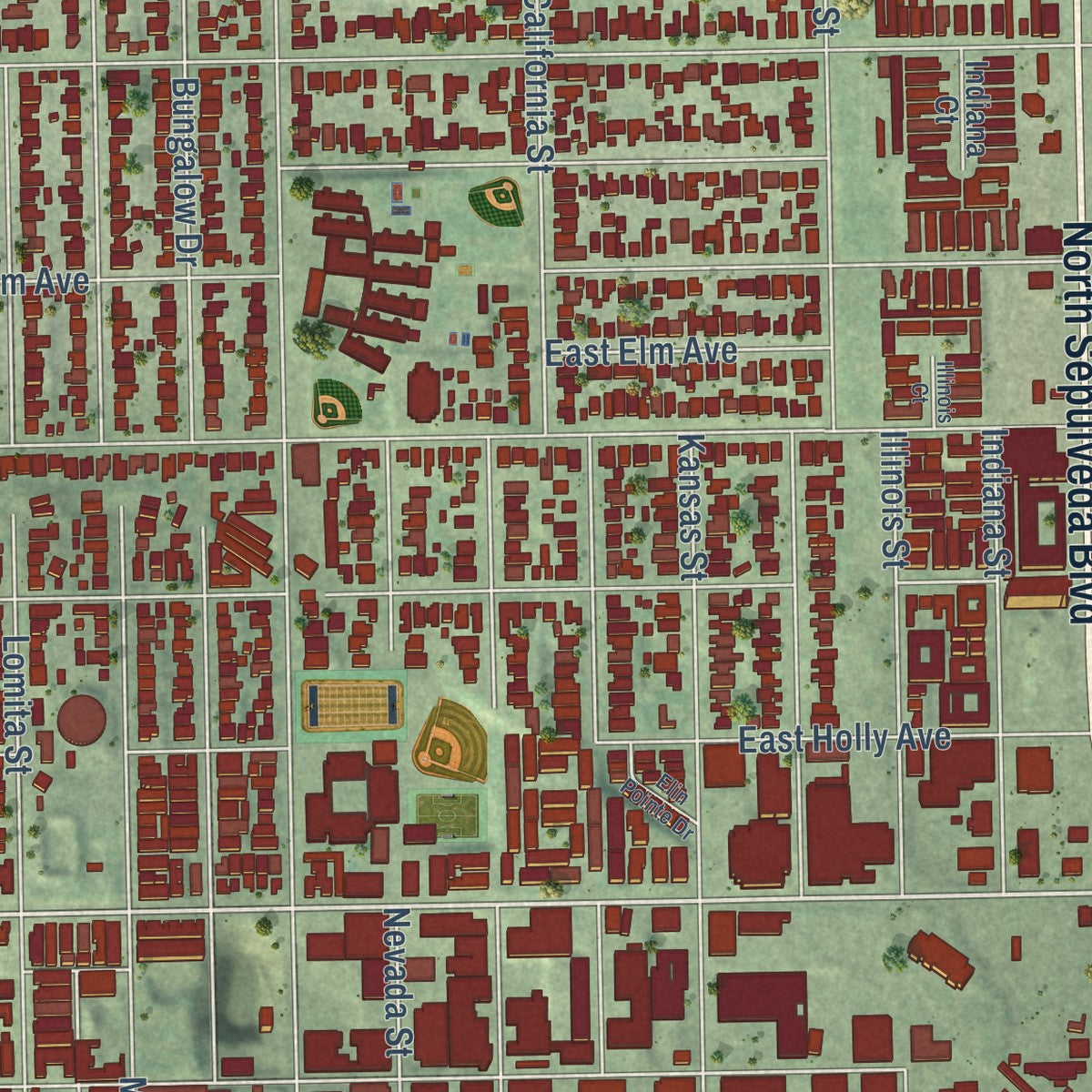 Second close-up of the map of El Segundo, California print showing more streets and buildings