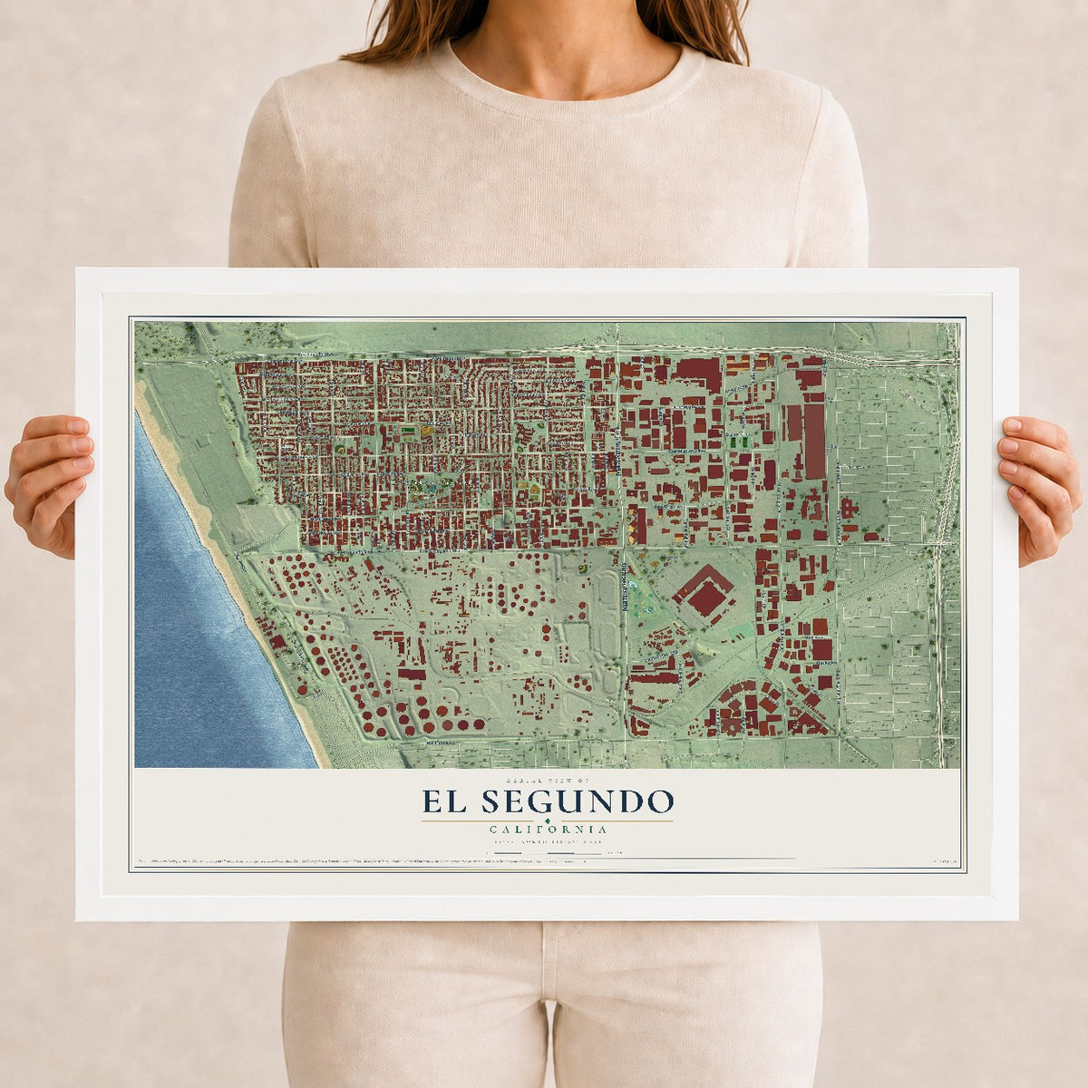 Map of El Segundo, California, 12 x 18 inch print in a white wood frame