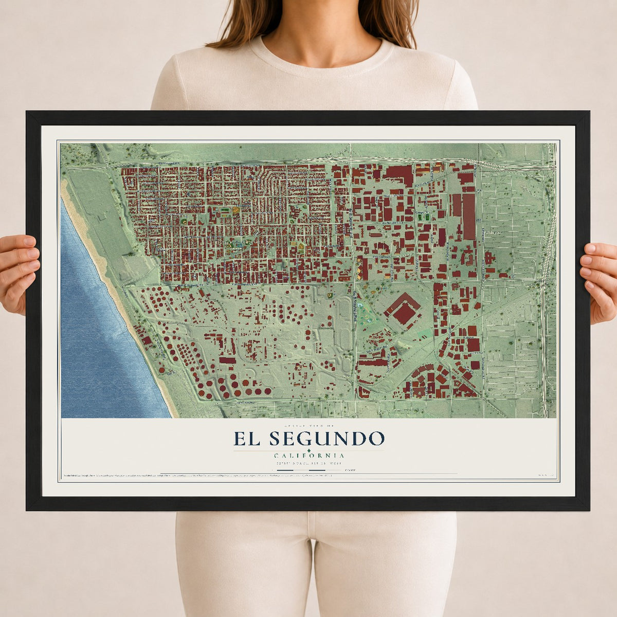 Map of El Segundo, California, 18 x 24 inch print in a black wood frame