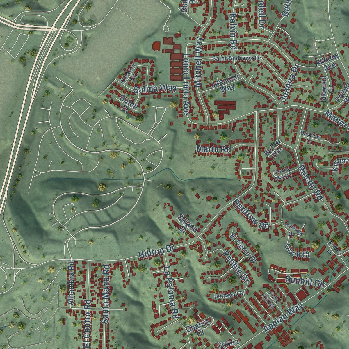 Close-up of the map of El Sobrante, Contra Costa County, California print showing street and building detail
