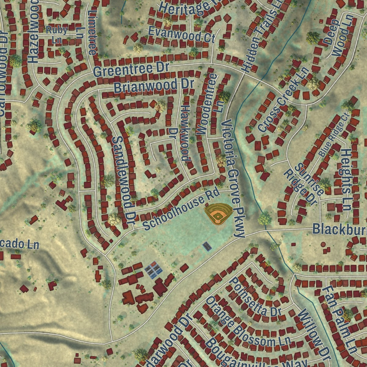 Close-up of the map of El Sobrante, Riverside County, California print showing street and building detail