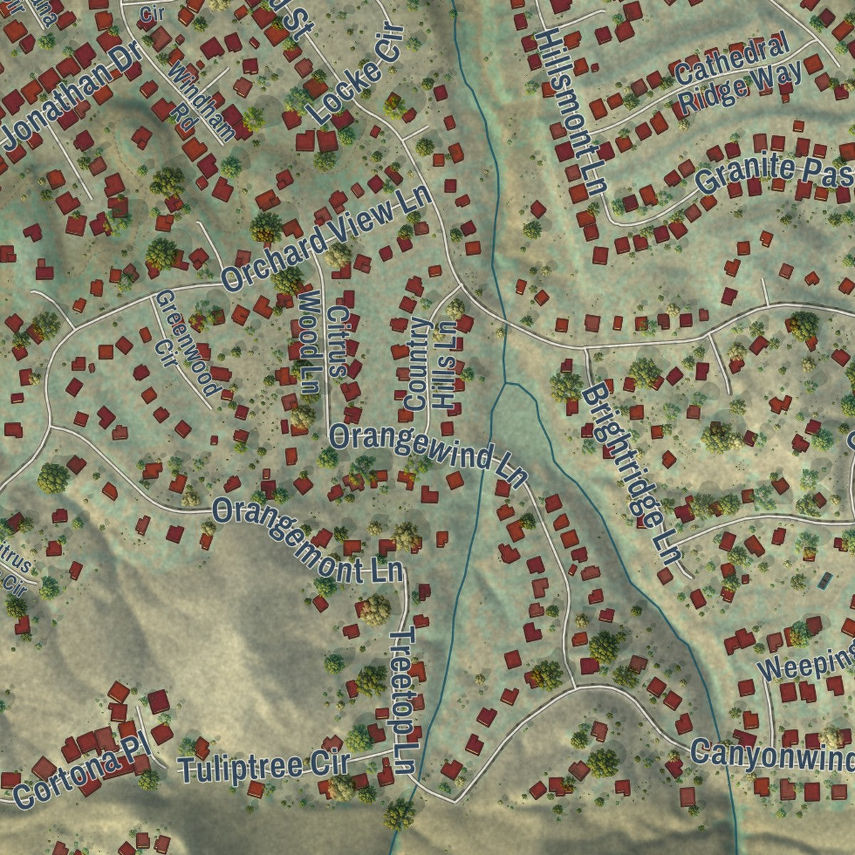 Second close-up of the map of El Sobrante, Riverside County, California print showing more streets and buildings