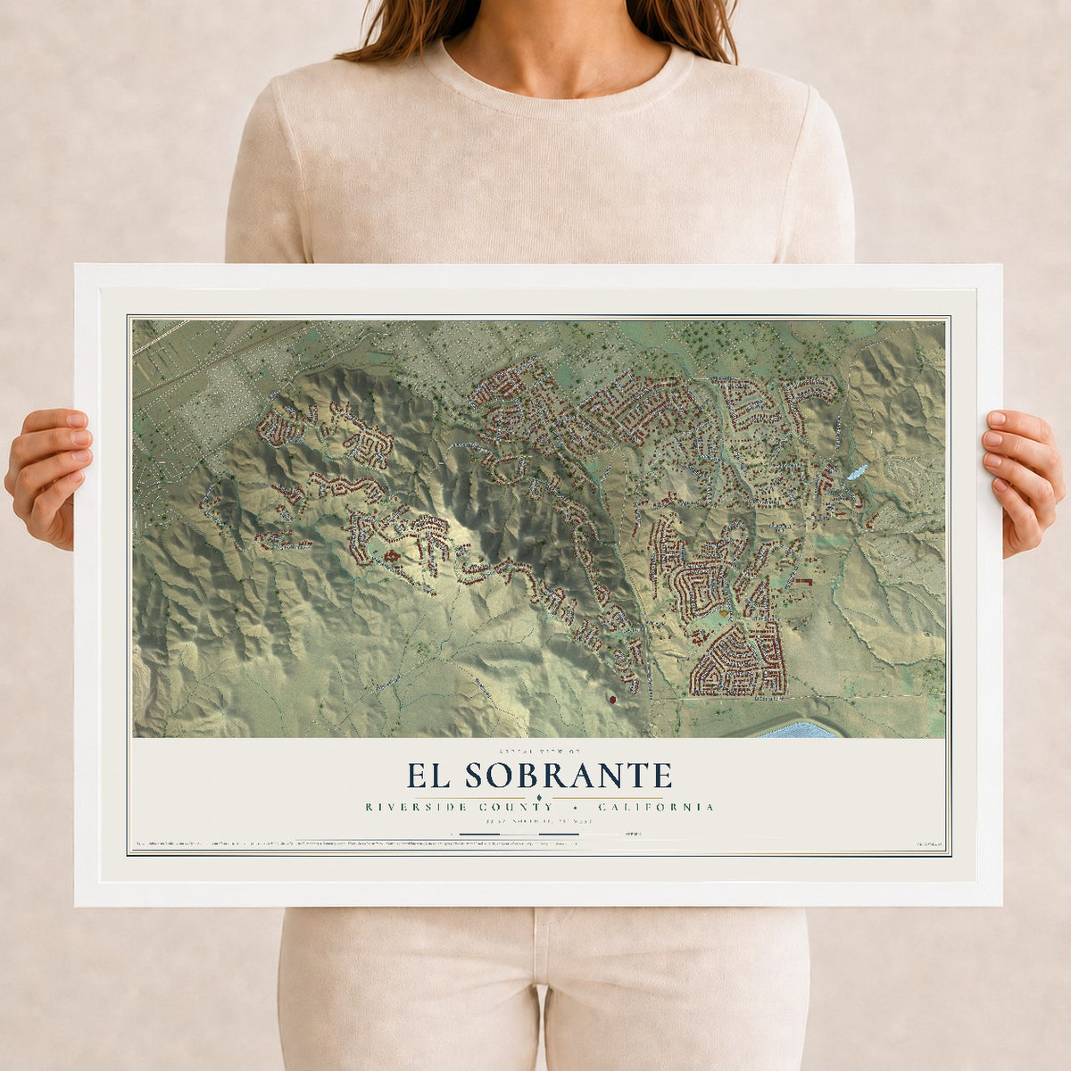 Map of El Sobrante, Riverside County, California, 12 x 18 inch print in a white wood frame