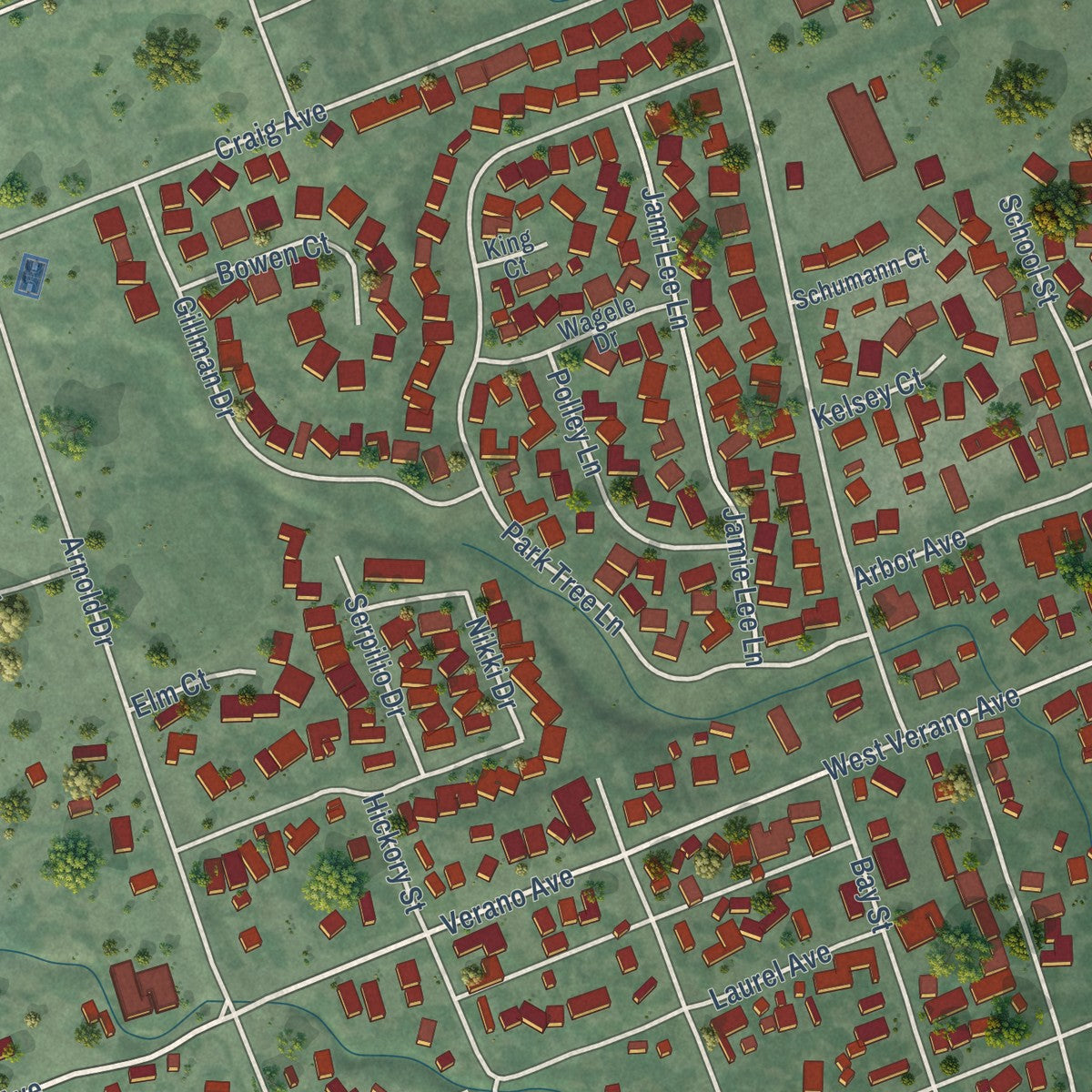 Close-up of the map of El Verano, California print showing street and building detail