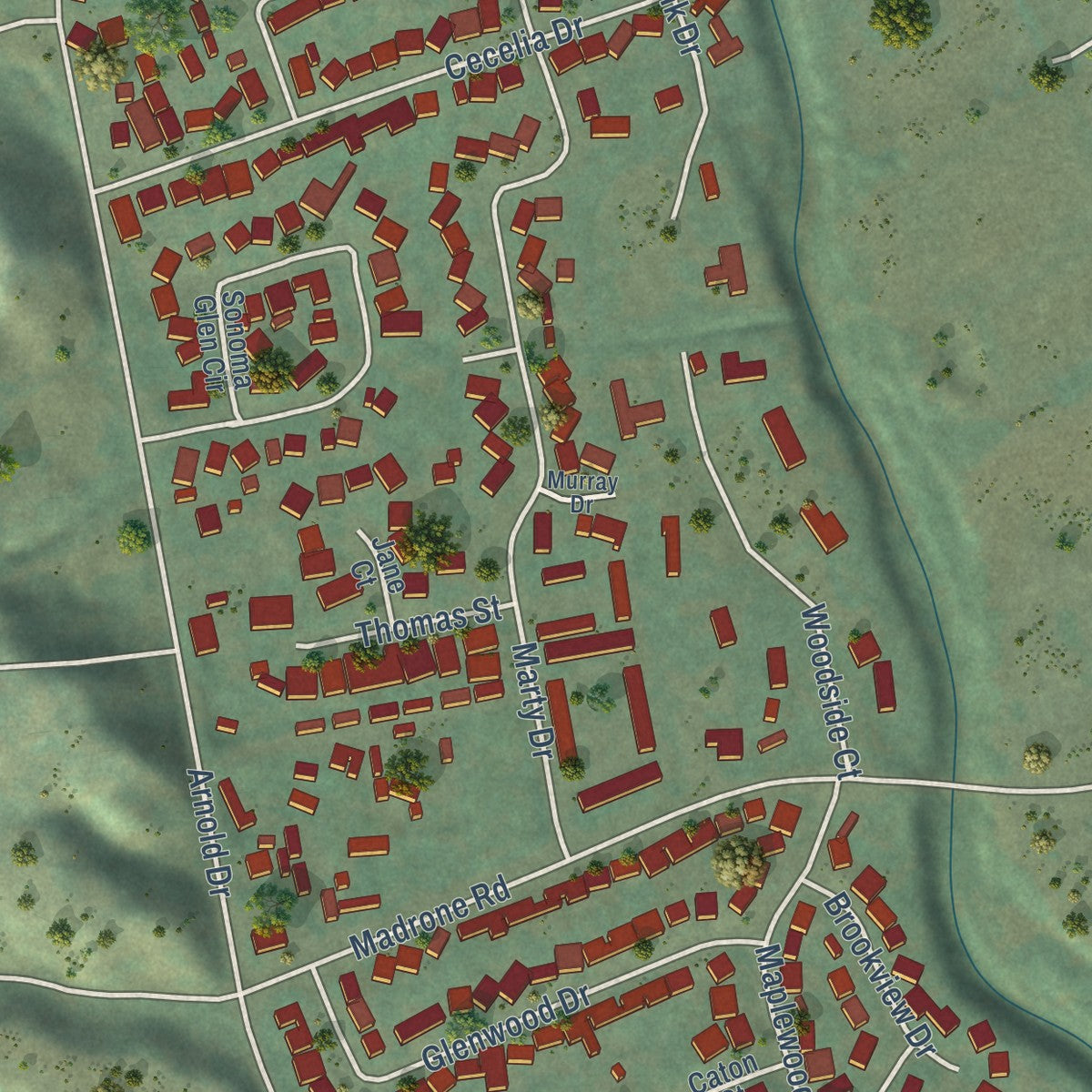 Close-up of the map of Eldridge, California print showing street and building detail