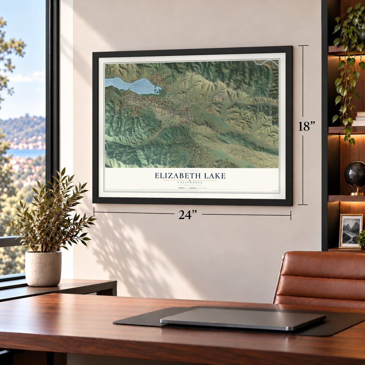 Elizabeth Lake, California map, 18 x 24 inch print in a black frame in a home office