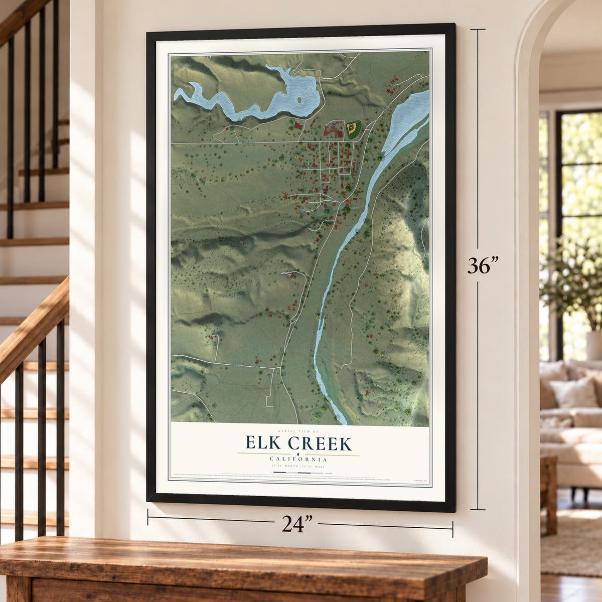 Elk Creek, California map, 24 x 36 inch print in a black frame by a staircase