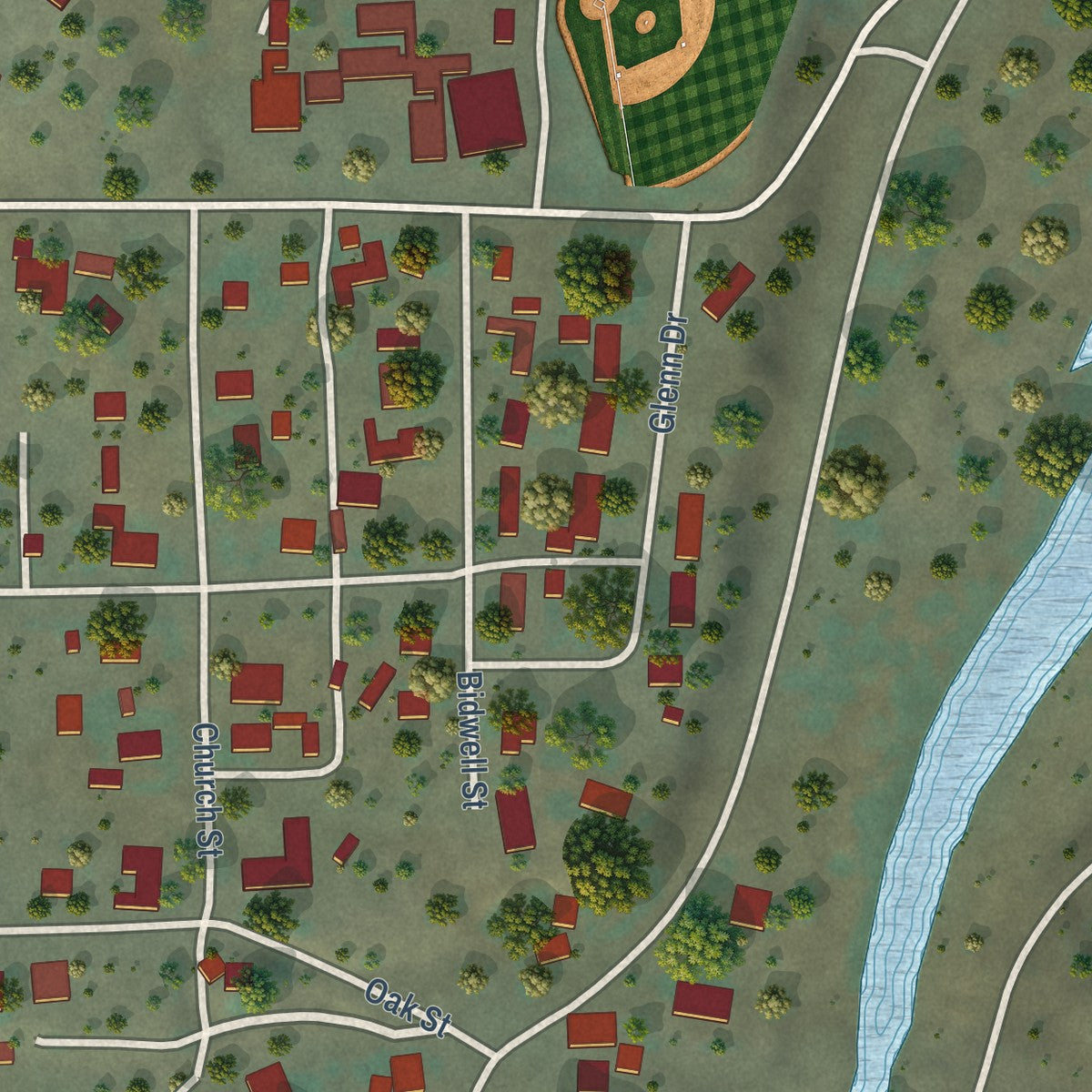 Close-up of the map of Elk Creek, California print showing street and building detail