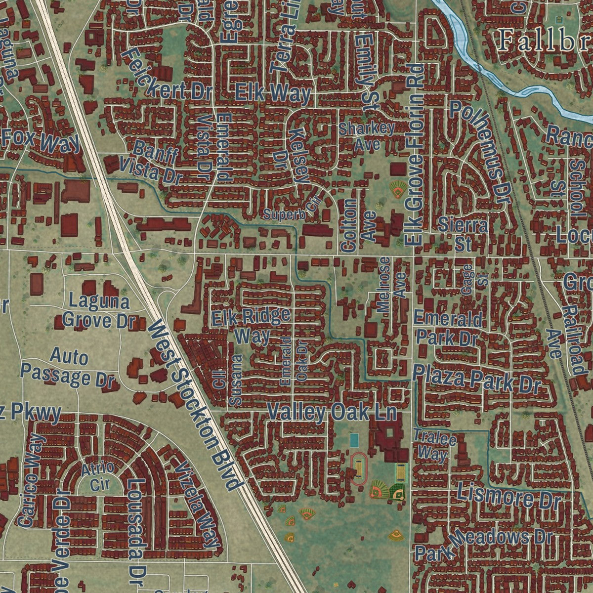 Close-up of the map of Elk Grove, California print showing street and building detail