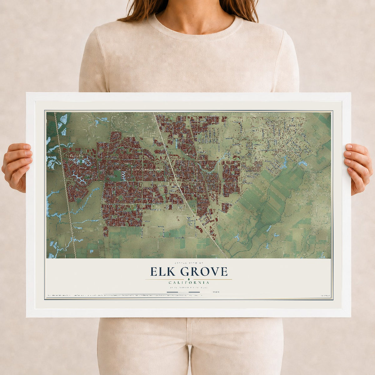 Map of Elk Grove, California, 12 x 18 inch print in a white wood frame
