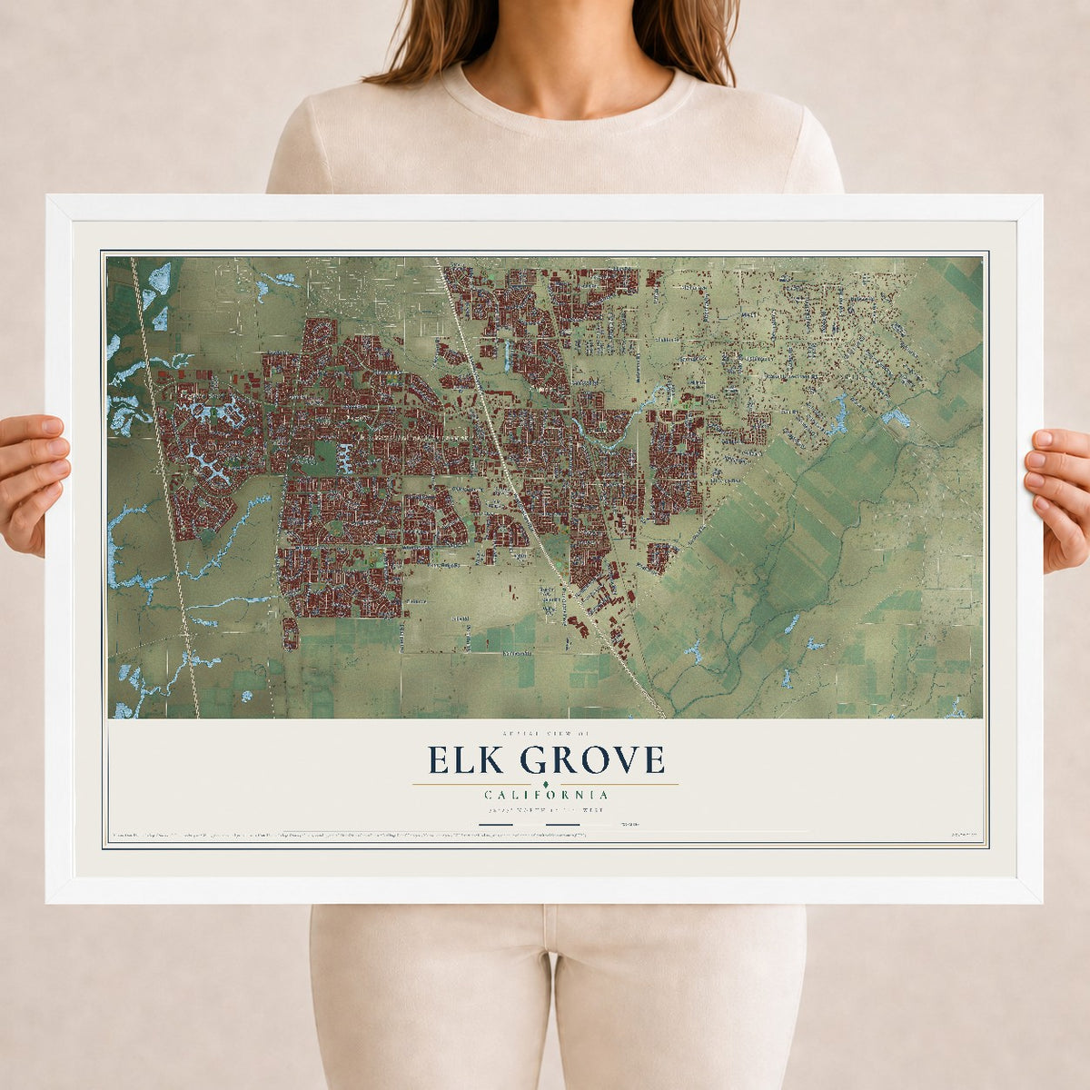 Map of Elk Grove, California, 18 x 24 inch print in a white wood frame