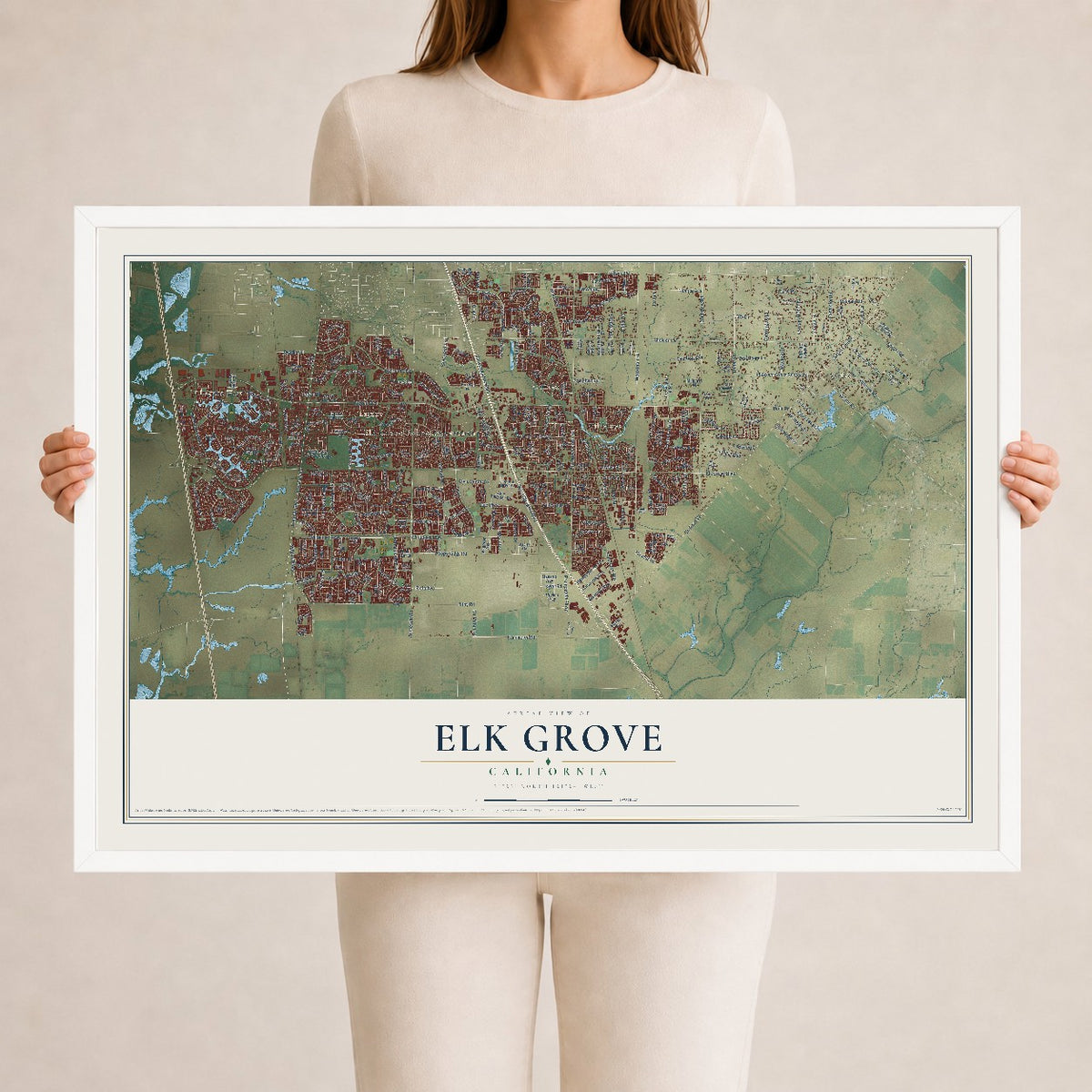 Map of Elk Grove, California, 24 x 36 inch print in a white wood frame
