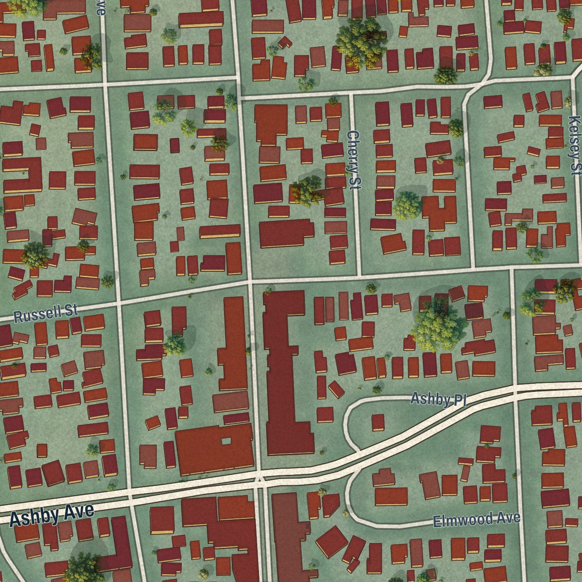 Close-up of the map of Elmwood, California print showing street and building detail