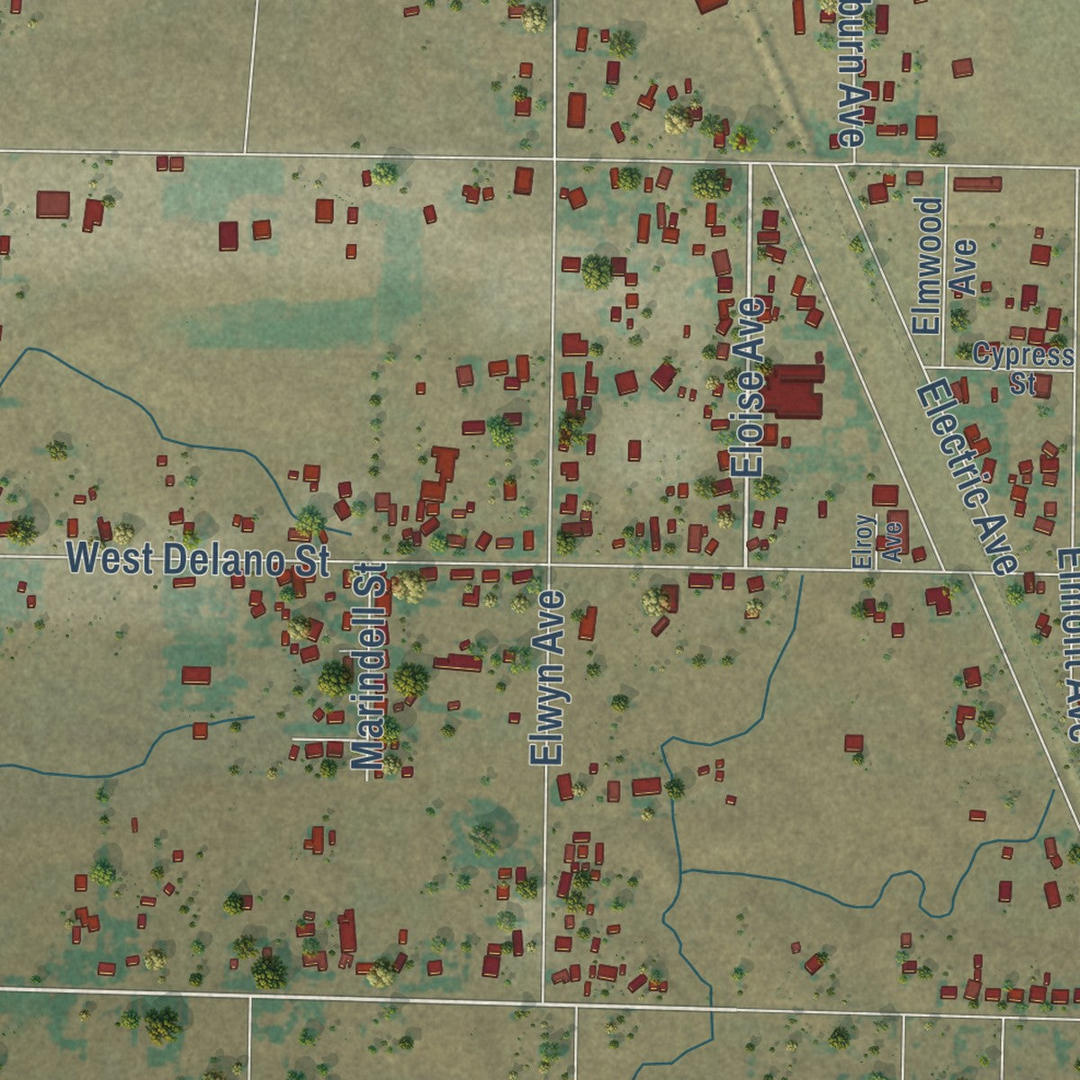 Close-up of the map of Elverta, California print showing street and building detail
