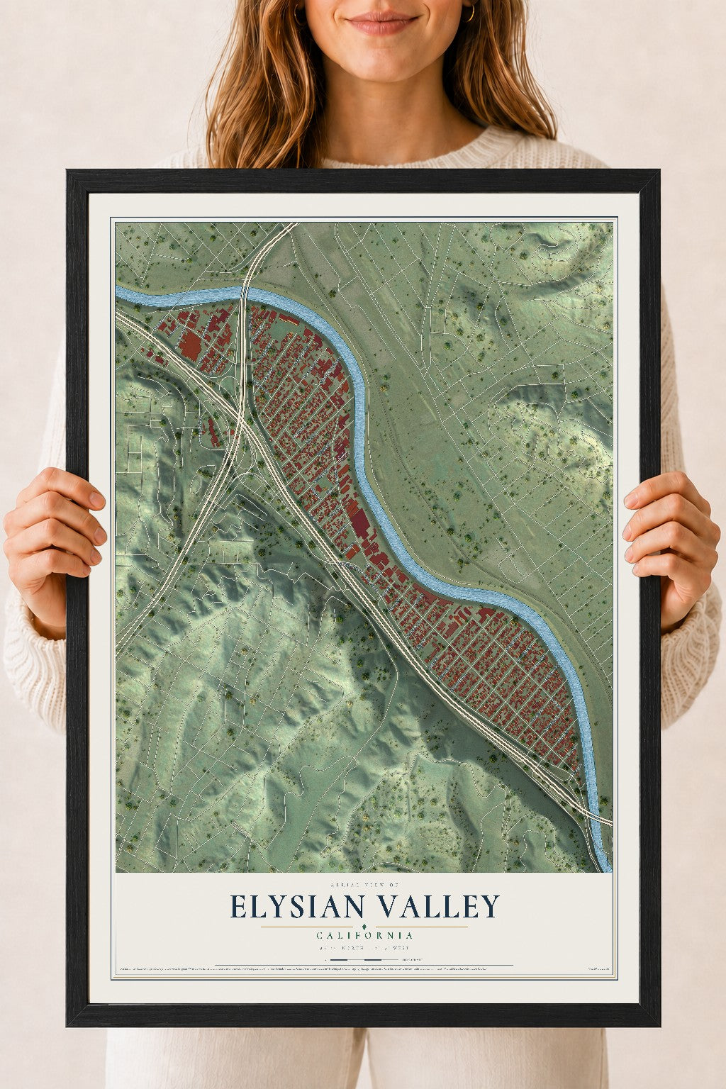 Map of Elysian Valley, California, 18 x 24 inch print in a black wood frame