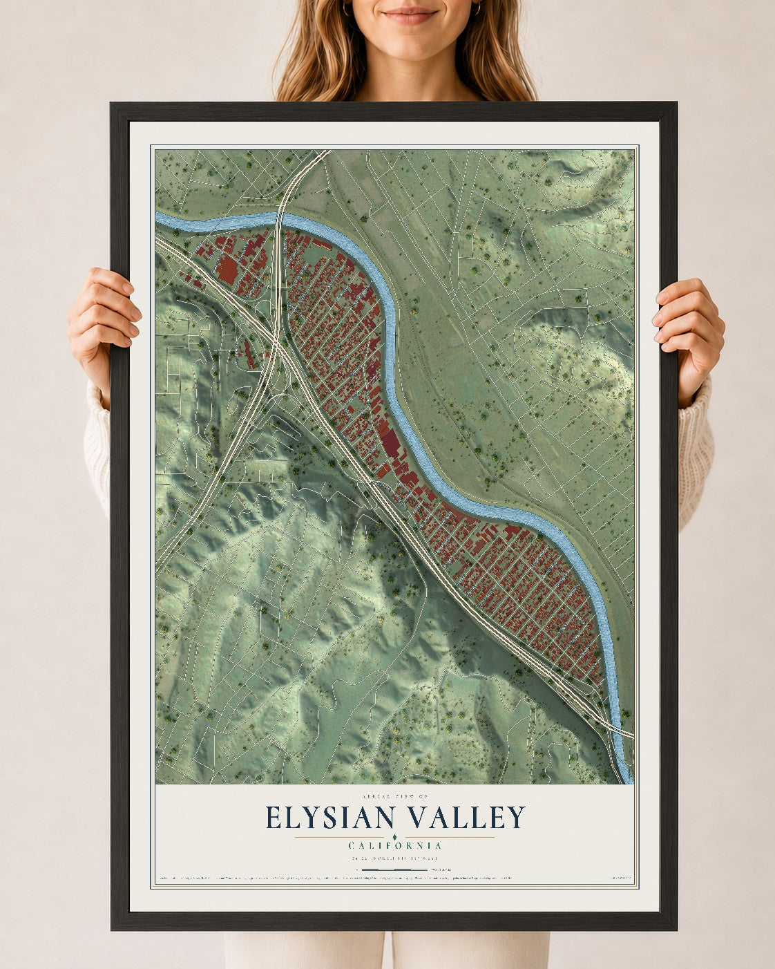 Map of Elysian Valley, California, 24 x 36 inch print in a black wood frame