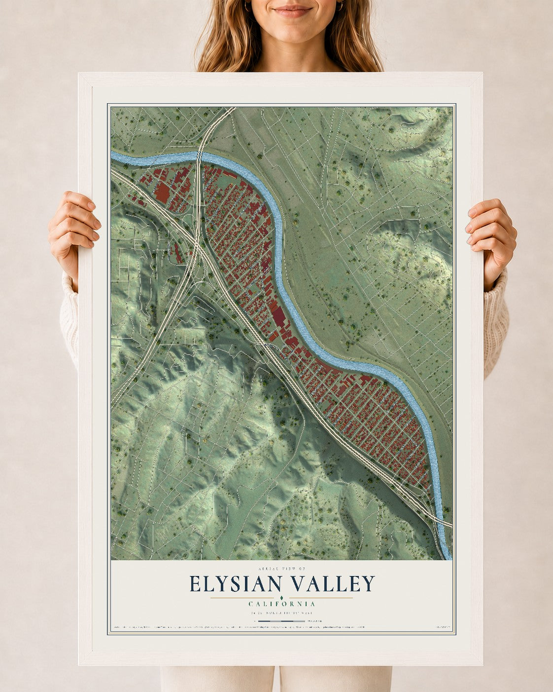Map of Elysian Valley, California, 24 x 36 inch print in a white wood frame