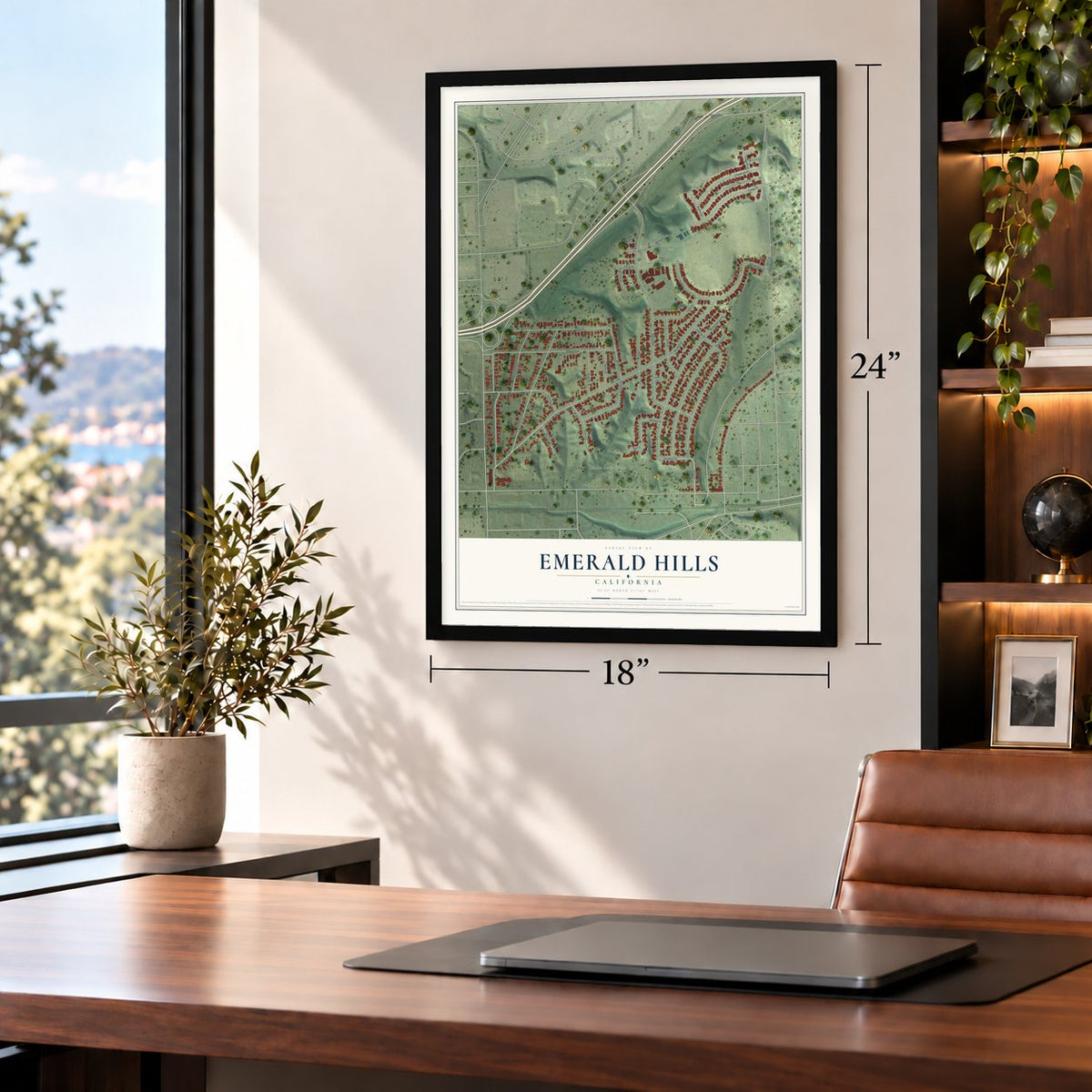 Emerald Hills, California map, 18 x 24 inch print in a black frame in a home office