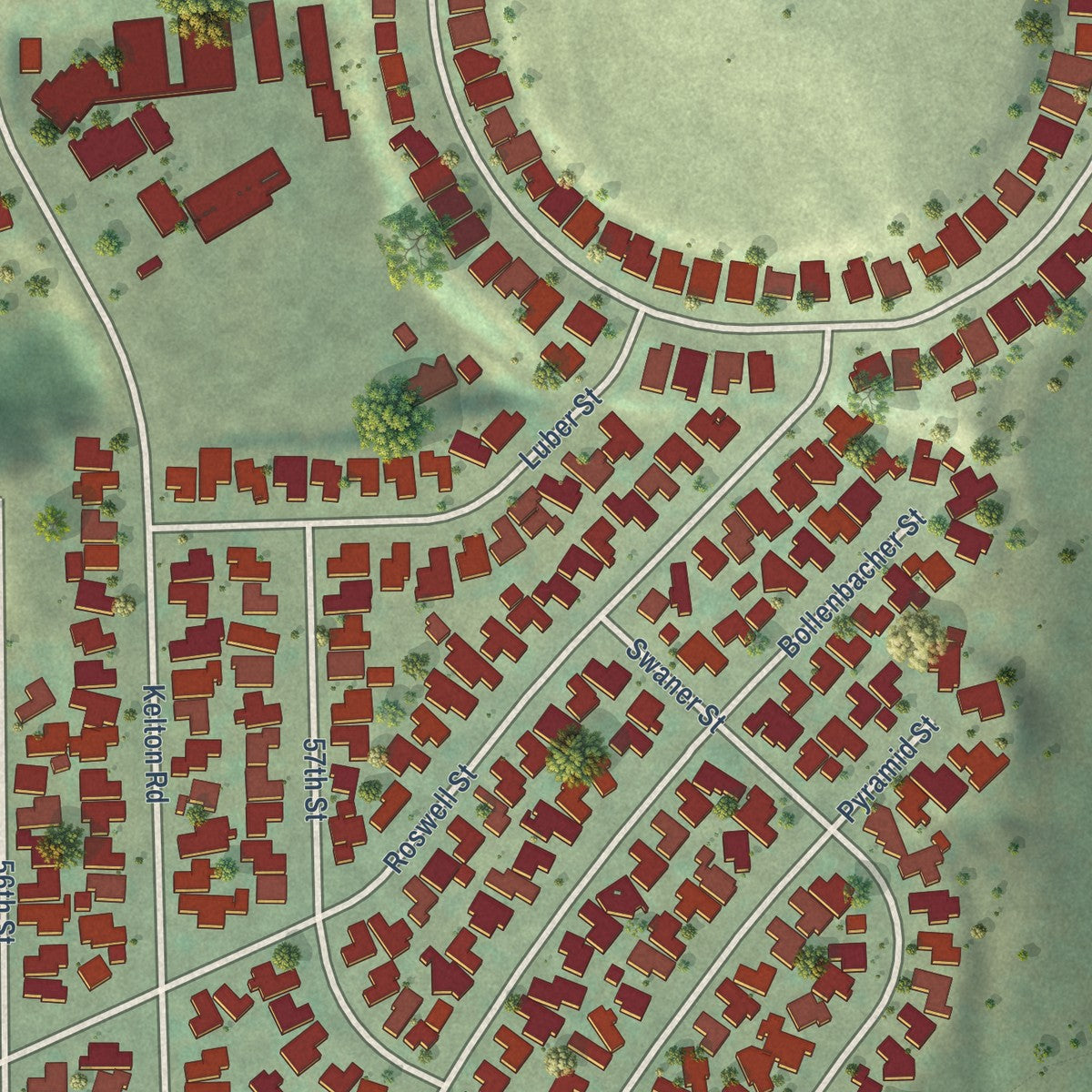 Close-up of the map of Emerald Hills, California print showing street and building detail