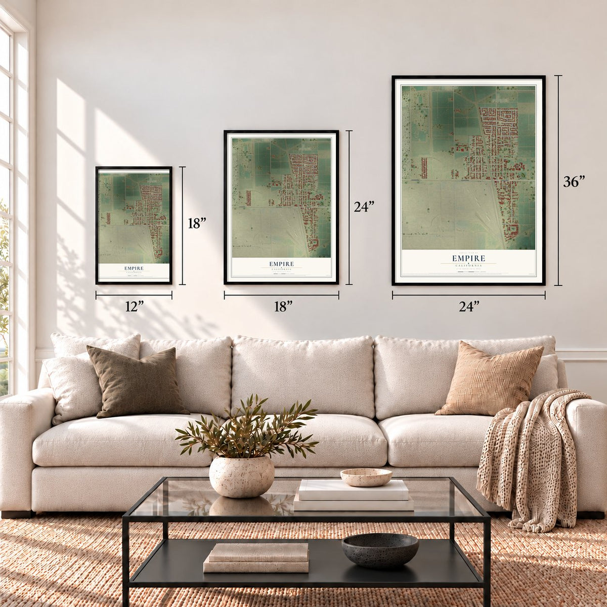 Empire, California map in 12 x 18, 18 x 24 and 24 x 36 inch sizes above a sofa