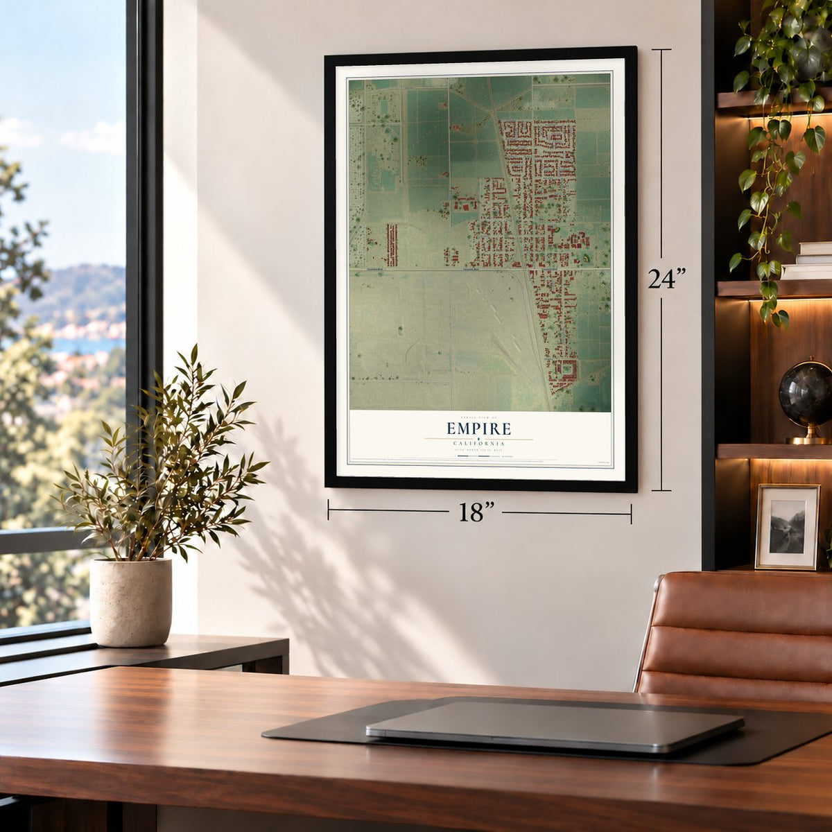 Empire, California map, 18 x 24 inch print in a black frame in a home office