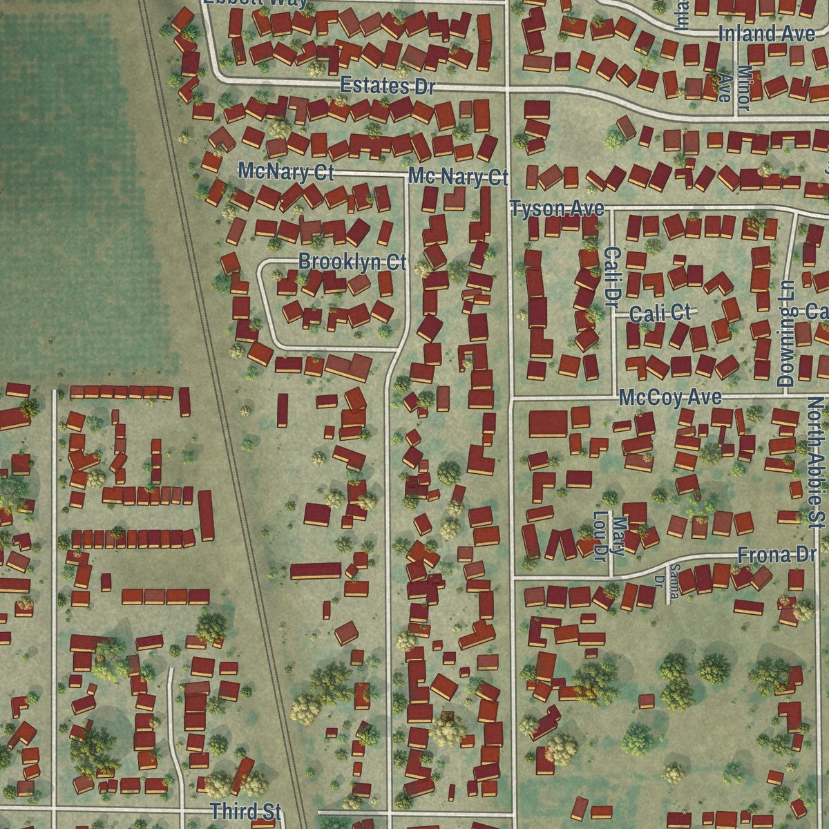 Close-up of the map of Empire, California print showing street and building detail