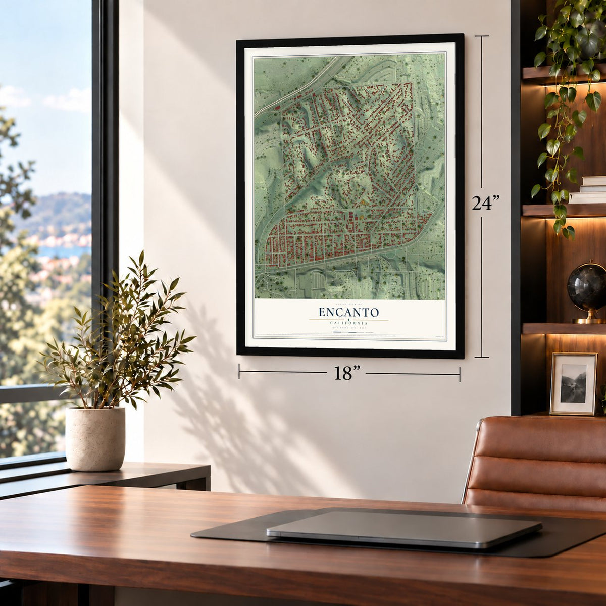 Encanto, California map, 18 x 24 inch print in a black frame in a home office