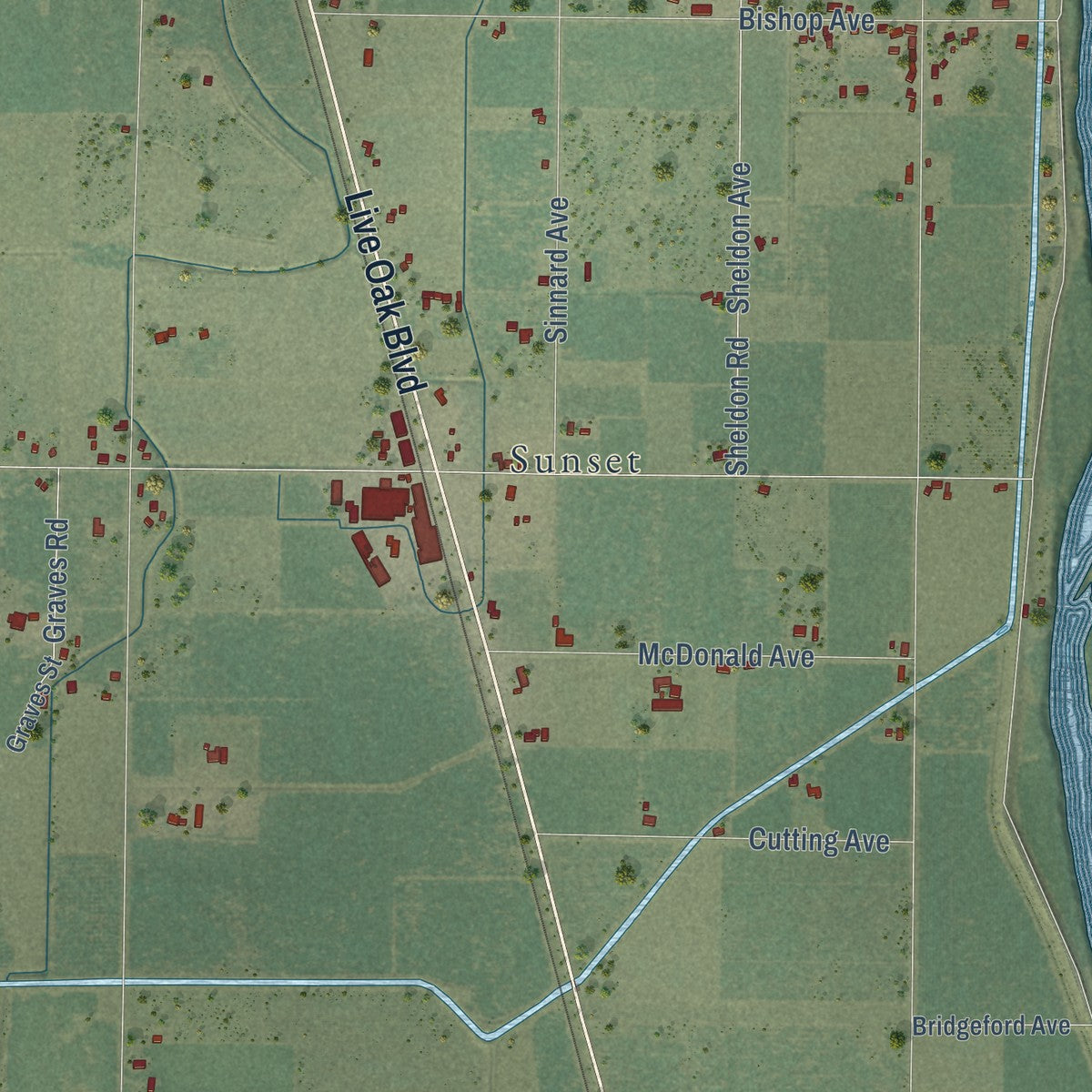 Close-up of the map of Encinal, California print showing street and building detail