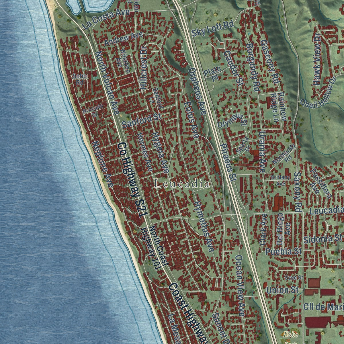 Second close-up of the map of Encinitas, California print showing more streets and buildings