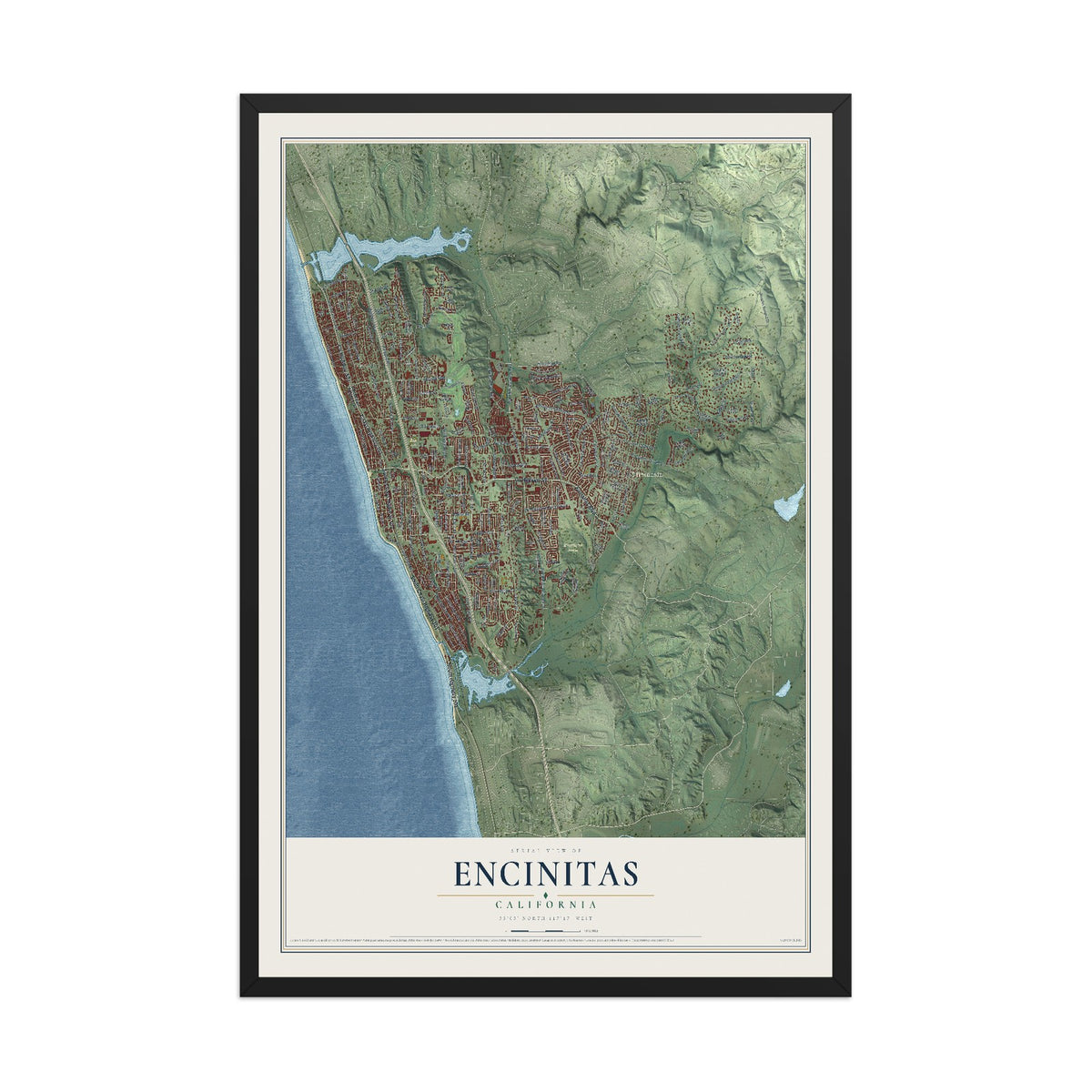 Map of Encinitas, California, 12 x 18 inch print in a black wood frame