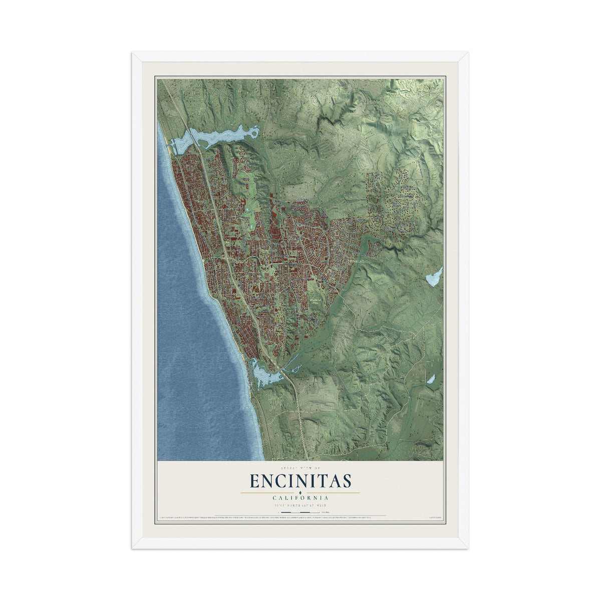 Map of Encinitas, California, 12 x 18 inch print in a white wood frame